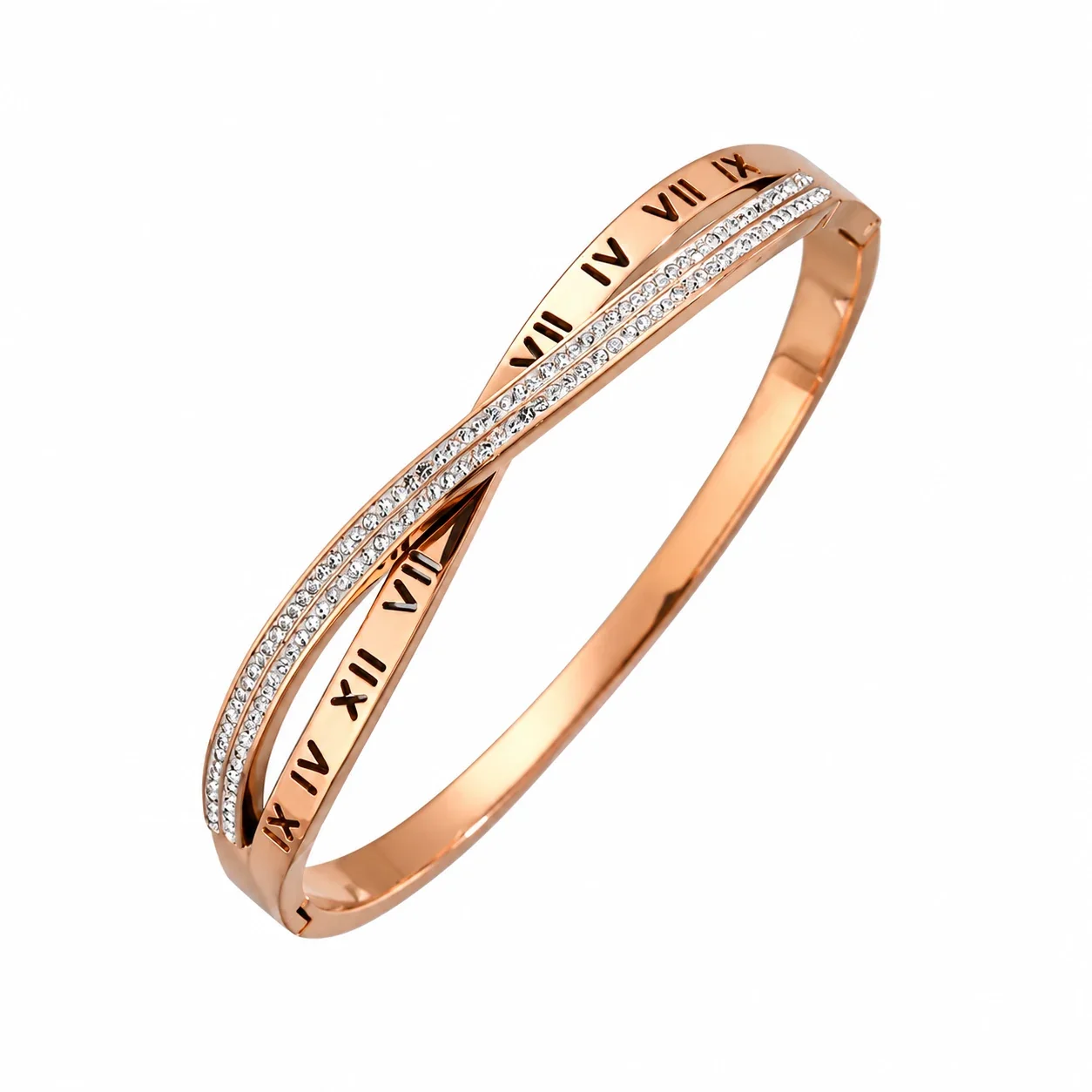 Crystal-Set Slim Bangle Bracelet in Rose Gold-Plated Stainless Steel - Cross Roman Rose Gold