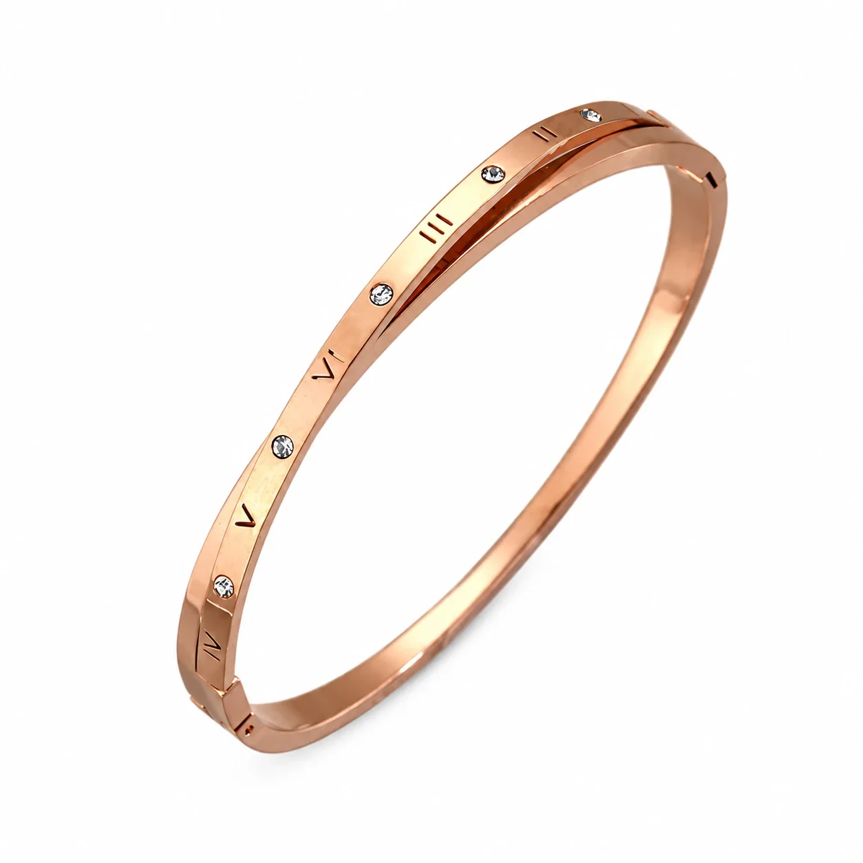 Crystal-Set Slim Bangle Bracelet in Rose Gold-Plated Stainless Steel - Spaced Cross Roman Rose Gold