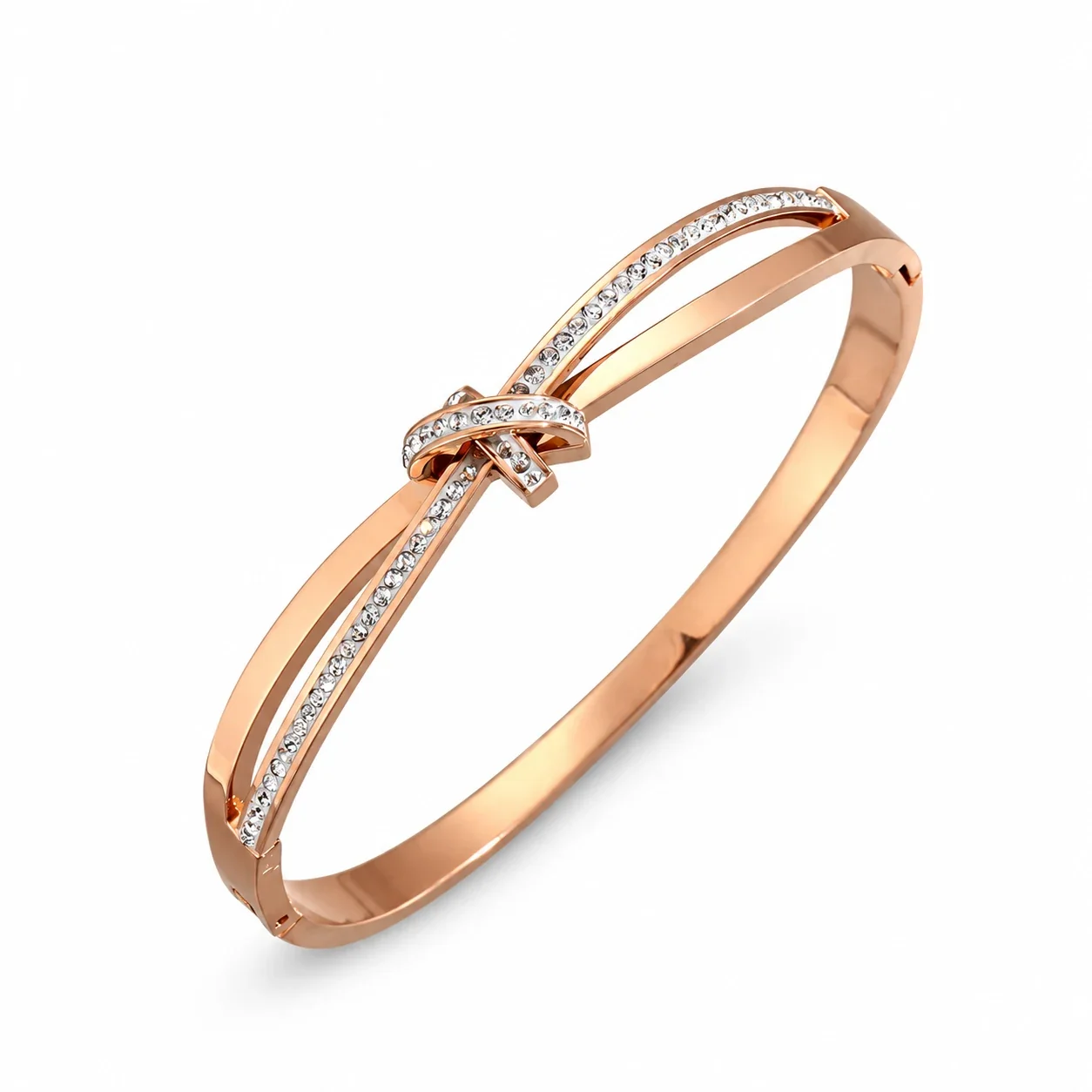 Crystal-Set Slim Bangle Bracelet in Rose Gold-Plated Stainless Steel - Bow Rose Gold