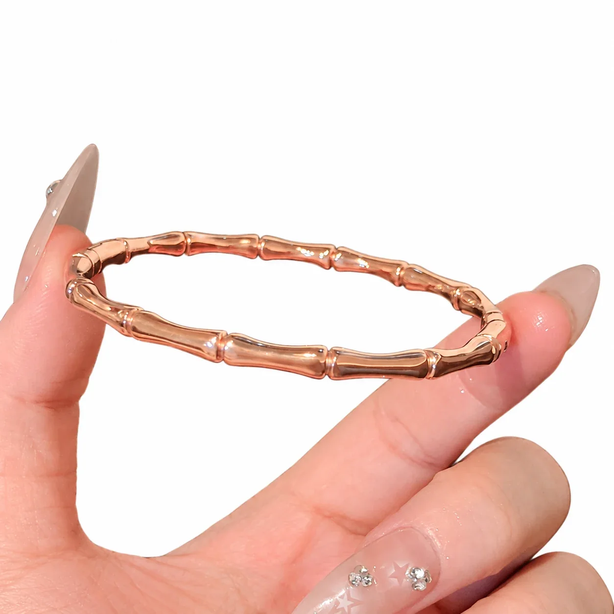 Crystal-Set Slim Bangle Bracelet in Rose Gold-Plated Stainless Steel - Bamboo Rose Gold