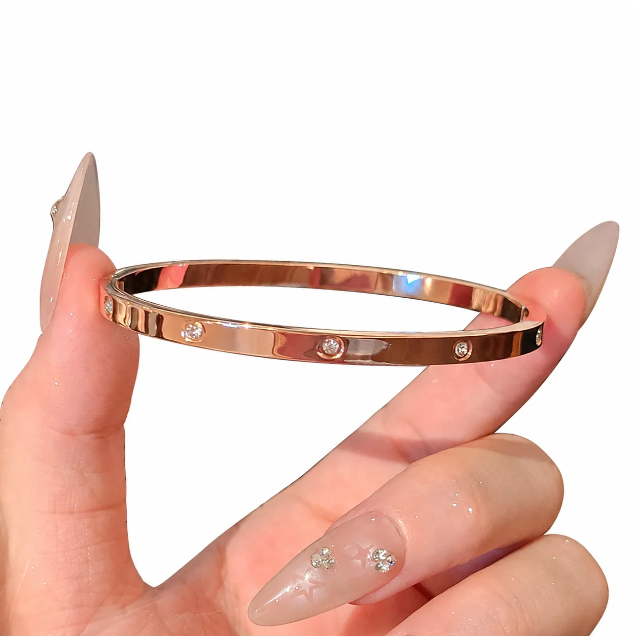 Crystal-Set Slim Bangle Bracelet in Rose Gold-Plated Stainless Steel - 4 mm Spaced Crystal Rose Gold