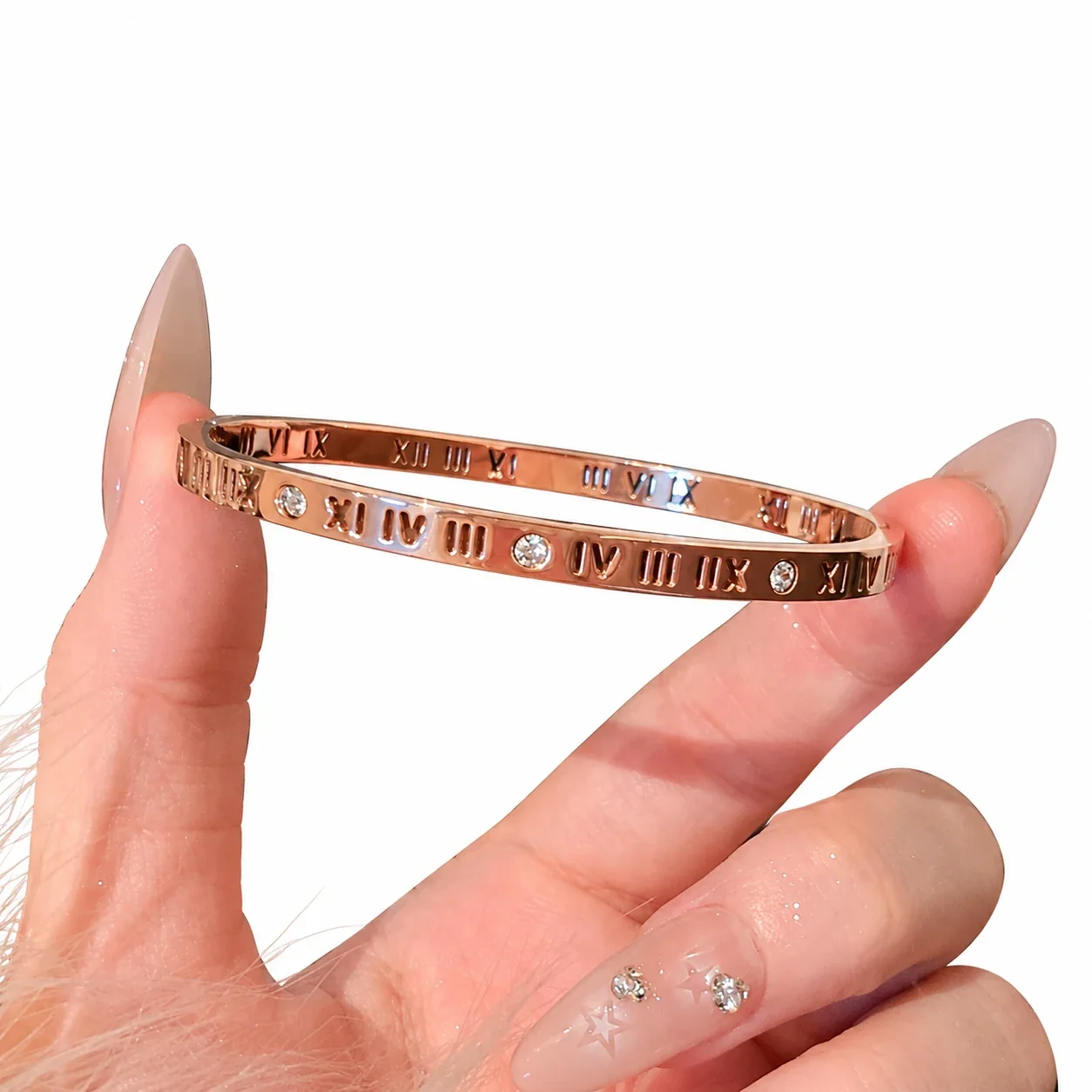 Crystal-Set Slim Bangle Bracelet in Rose Gold-Plated Stainless Steel - Crystal- Roman Rose Gold