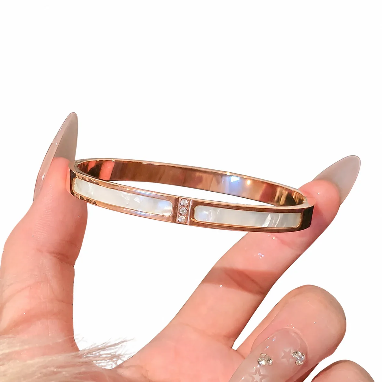 Crystal-Set Slim Bangle Bracelet in Rose Gold-Plated Stainless Steel - Crystal Shell Rose Gold of