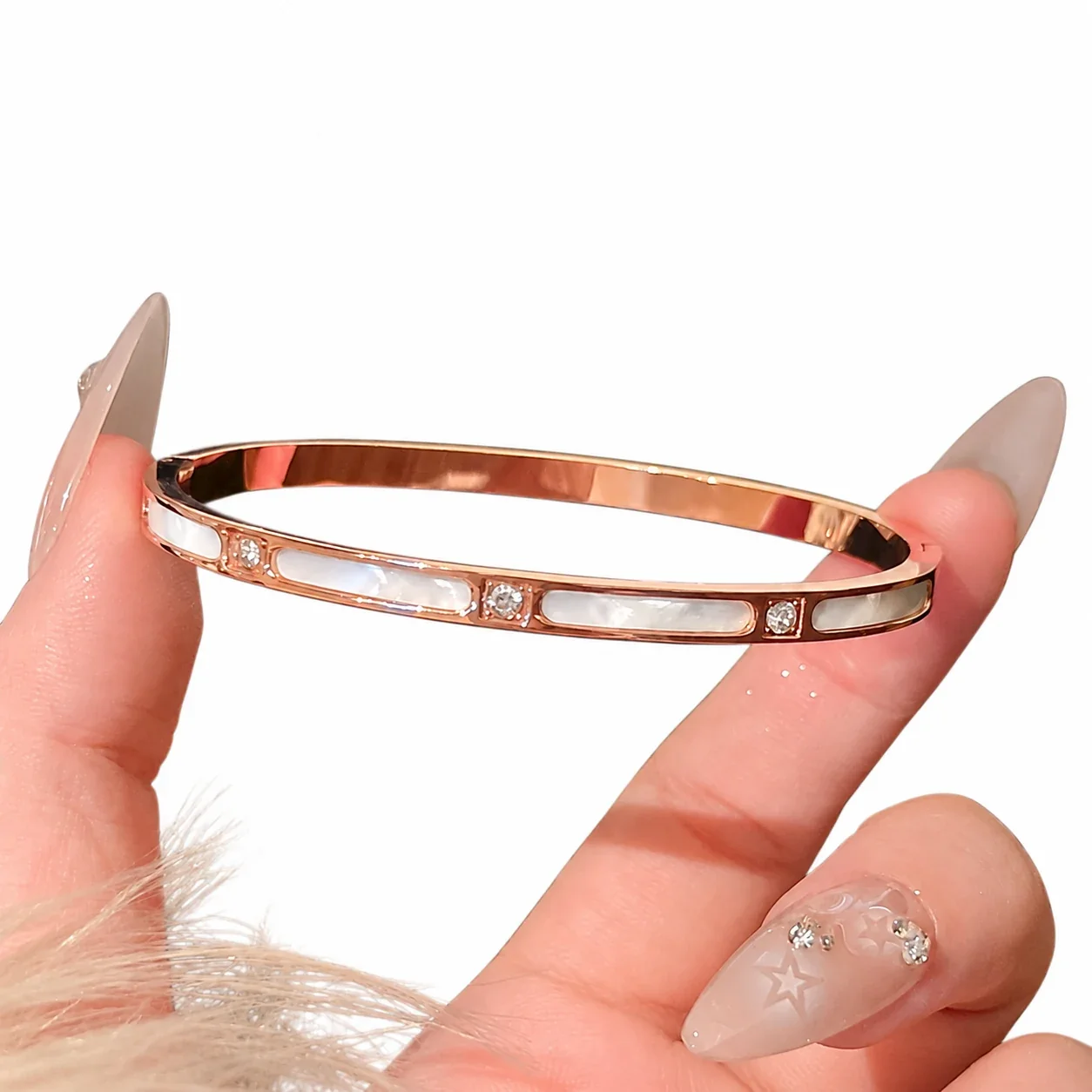 Crystal-Set Slim Bangle Bracelet in Rose Gold-Plated Stainless Steel - Bamboo Shell Rose Gold