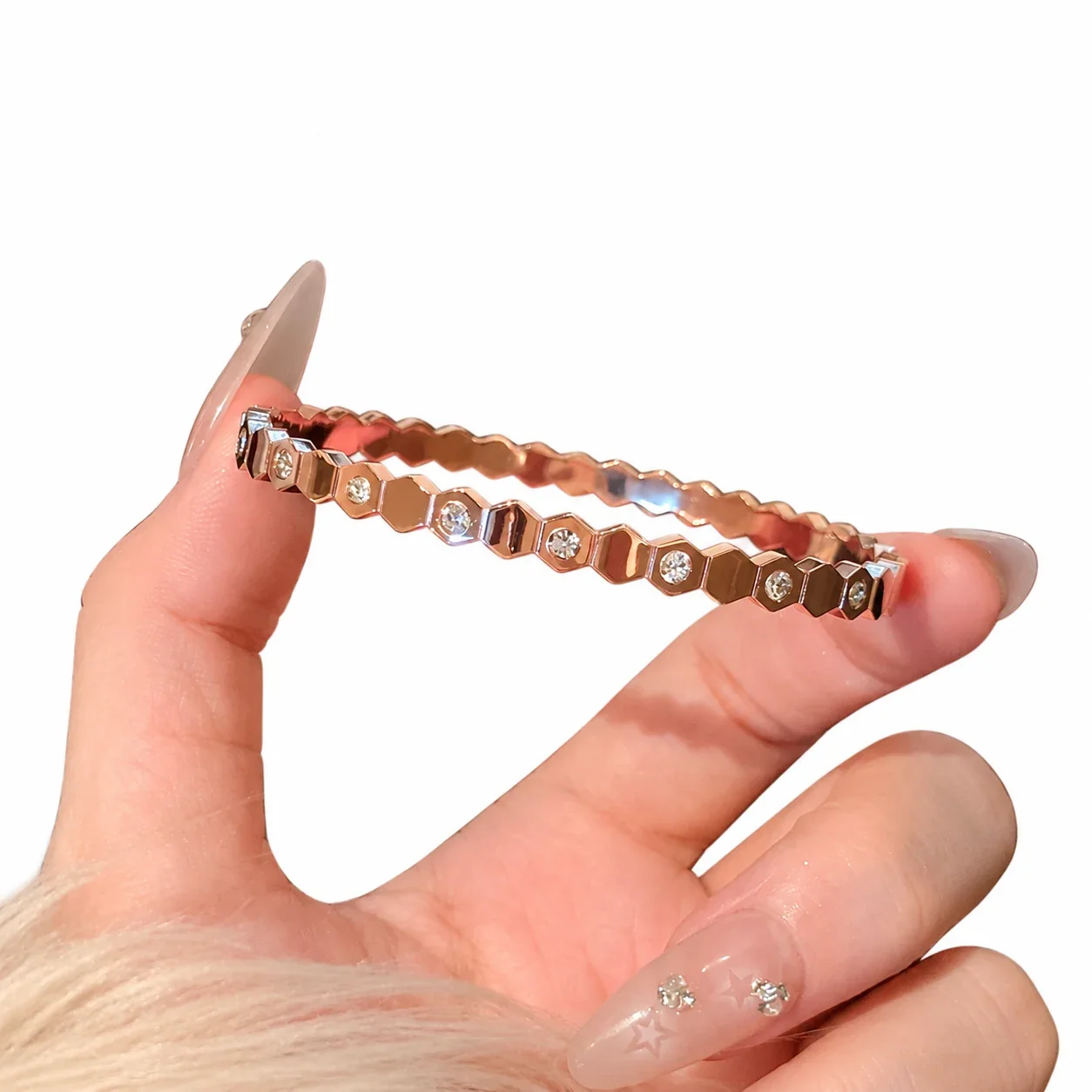Crystal-Set Slim Bangle Bracelet in Rose Gold-Plated Stainless Steel - Honeycomb Rose Gold