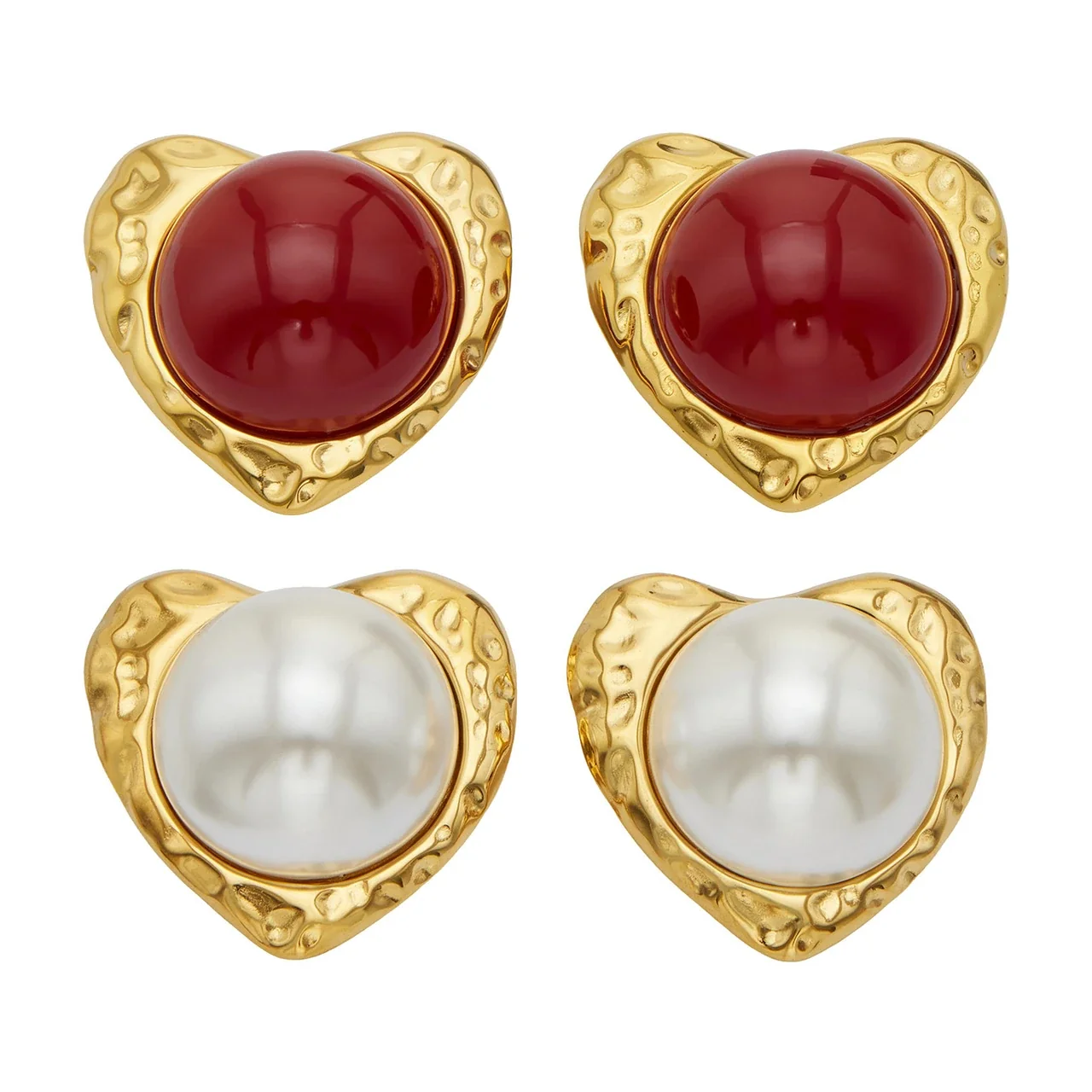 Hammered Heart 18K Gold PVD 316L Stainless Steel Pearl Stud Earrings