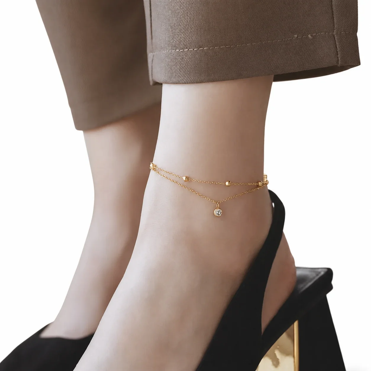 Delicate Stainless Steel Double Chain Bead Crystal Anklet