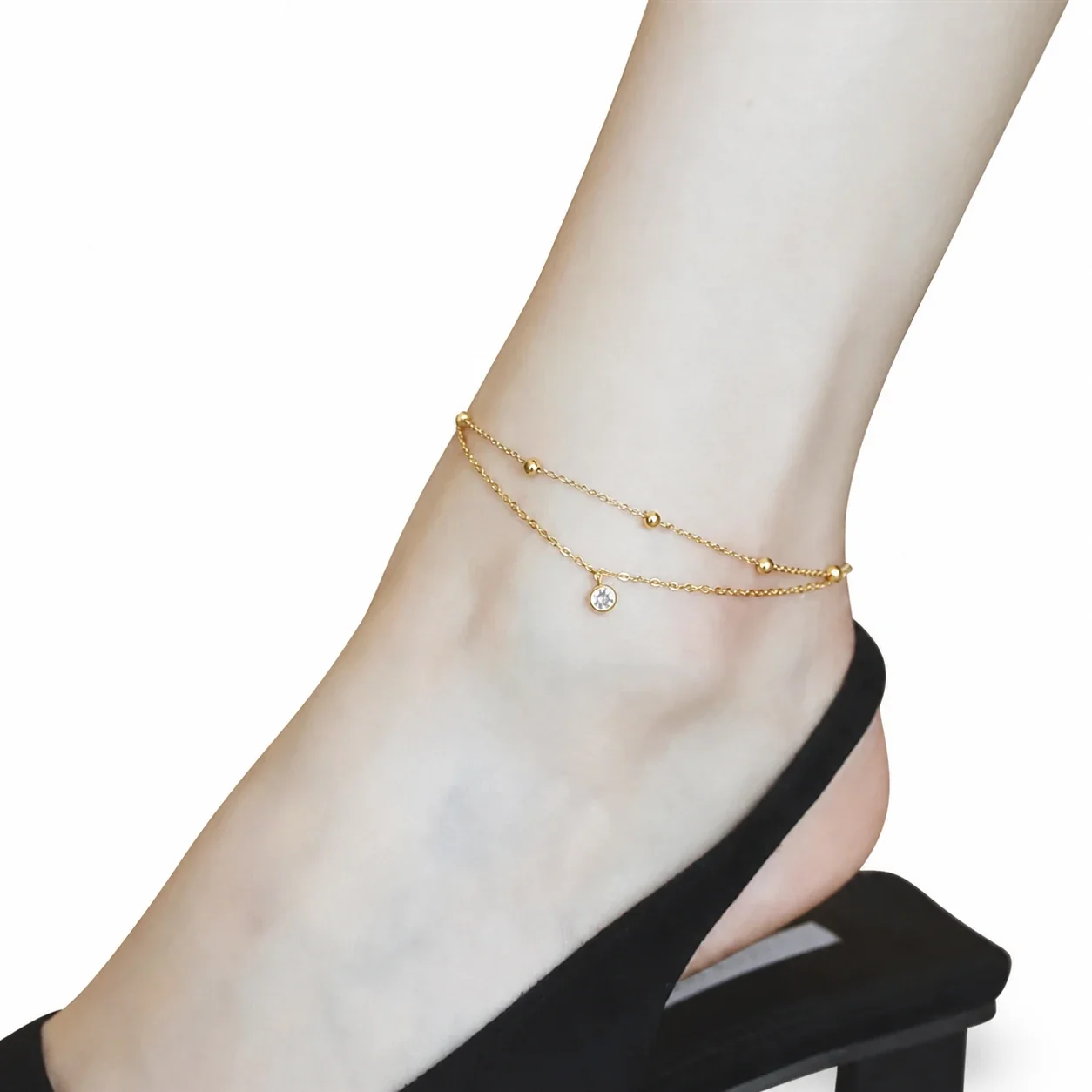 Delicate Stainless Steel Double Chain Bead Crystal Anklet