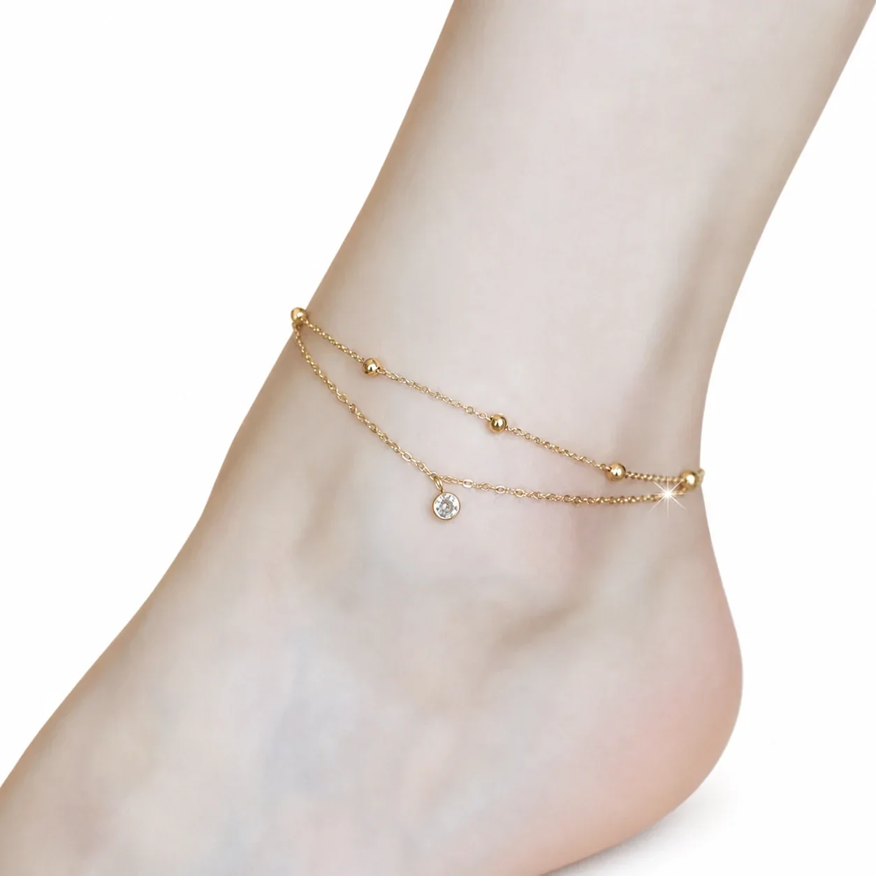Delicate Stainless Steel Double Chain Bead Crystal Anklet