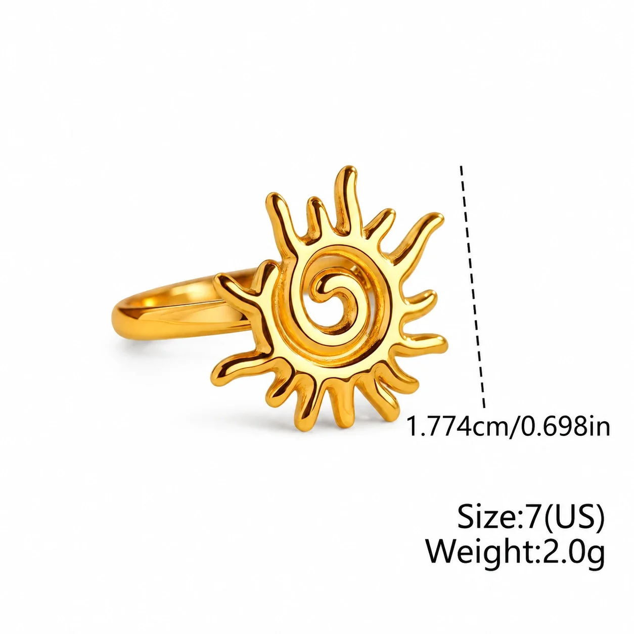 Open ring met zonnespiraal in verguld roestvrij staal productfoto