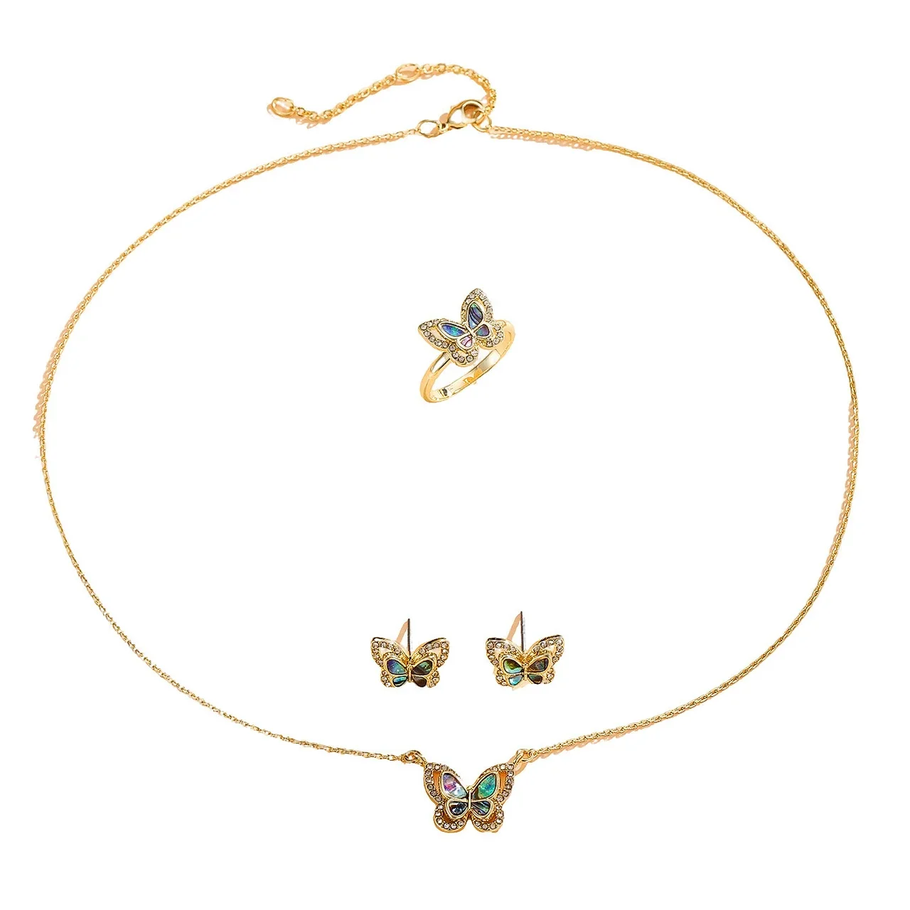 Dainty Stainless Steel Butterfly Shell Crystal Jewelry Set