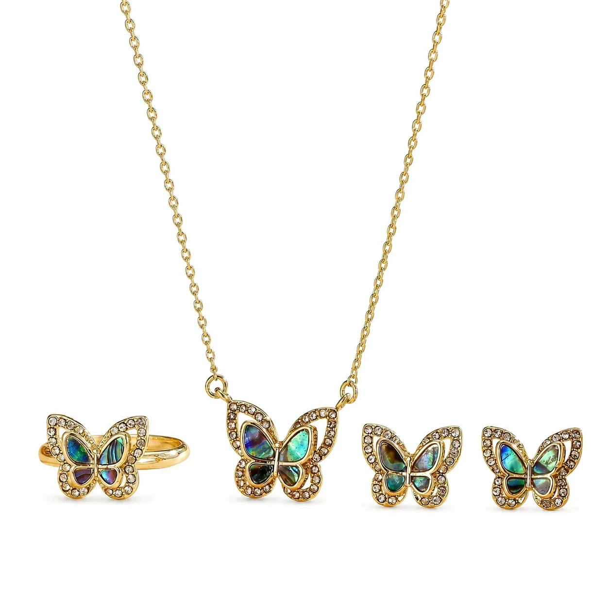 Dainty Stainless Steel Butterfly Shell Crystal Jewelry Set