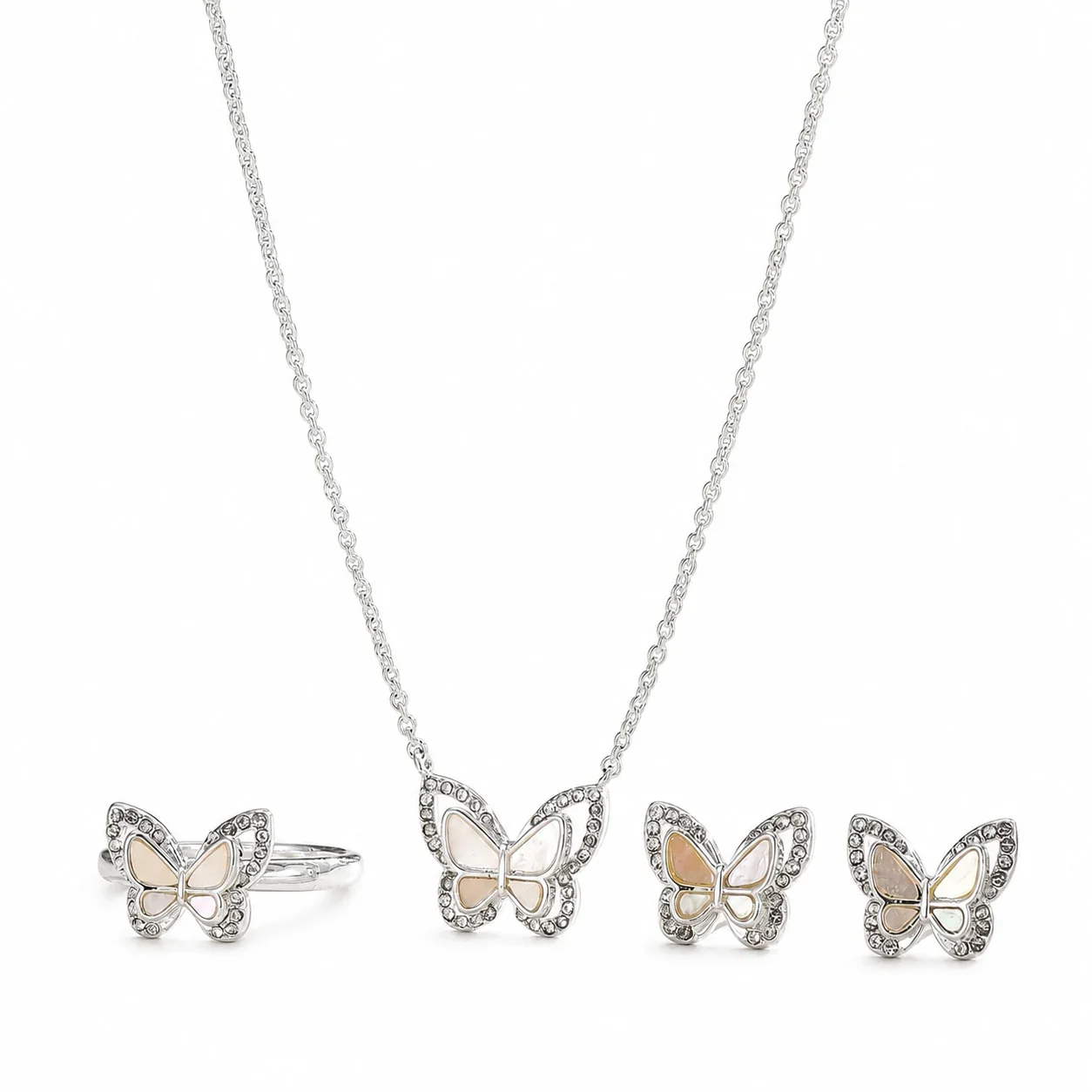 Dainty Stainless Steel Butterfly Shell Crystal Jewelry Set