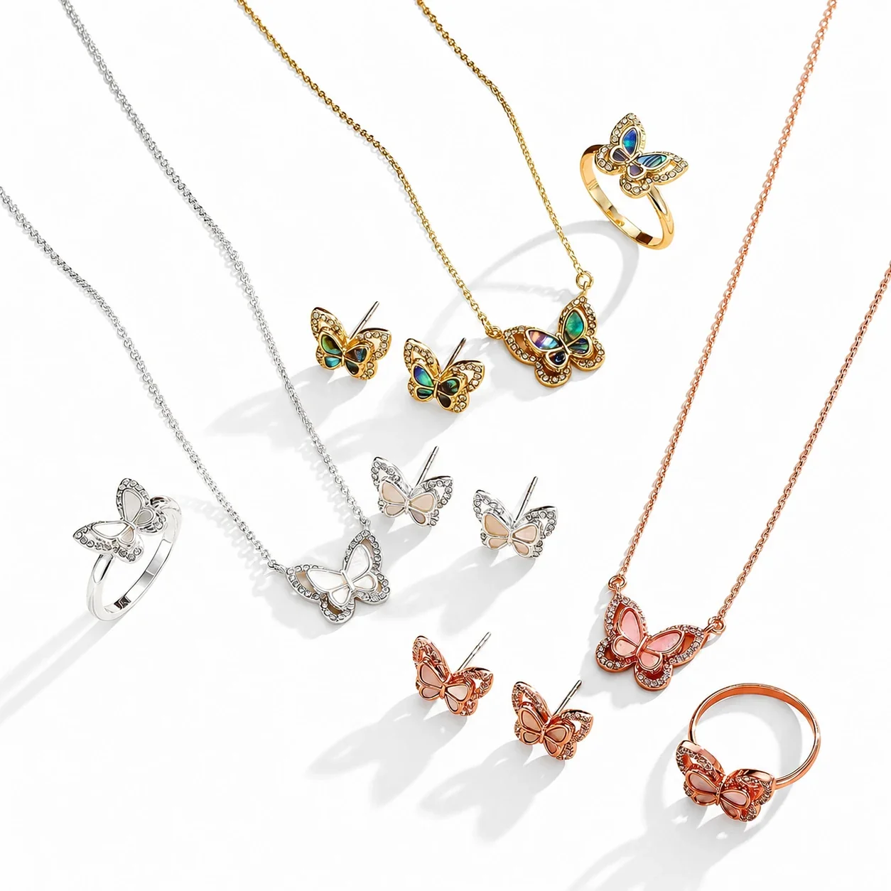 Dainty Stainless Steel Butterfly Shell Crystal Jewelry Set