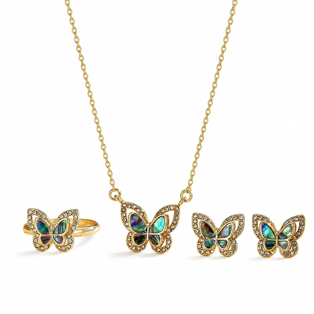 Dainty Stainless Steel Butterfly Shell Crystal Jewelry Set - Gold Shell