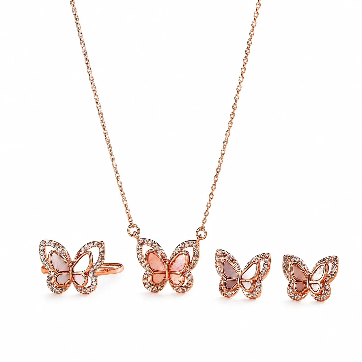 Dainty Stainless Steel Butterfly Shell Crystal Jewelry Set - Rose Gold Pink Shell