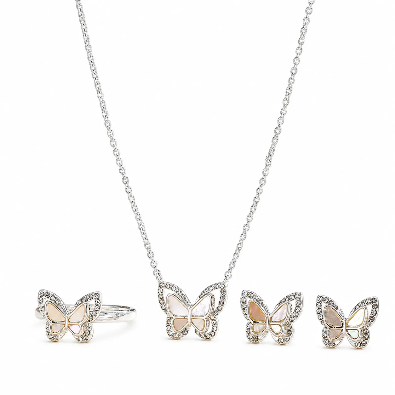 Dainty Stainless Steel Butterfly Shell Crystal Jewelry Set - Silver White Shell