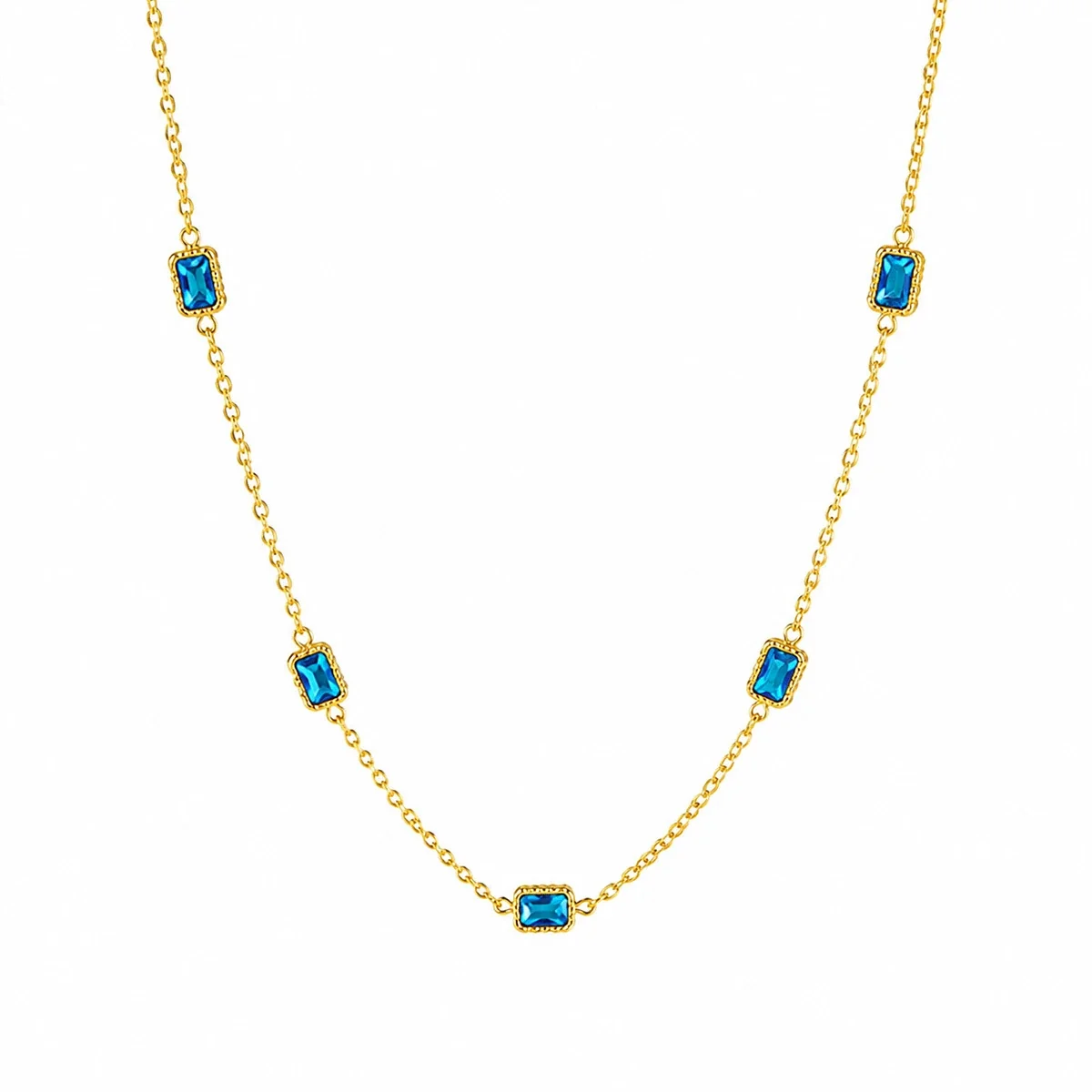 Ketting met vijf blauwe baguettekristallen in 18K verguld staal