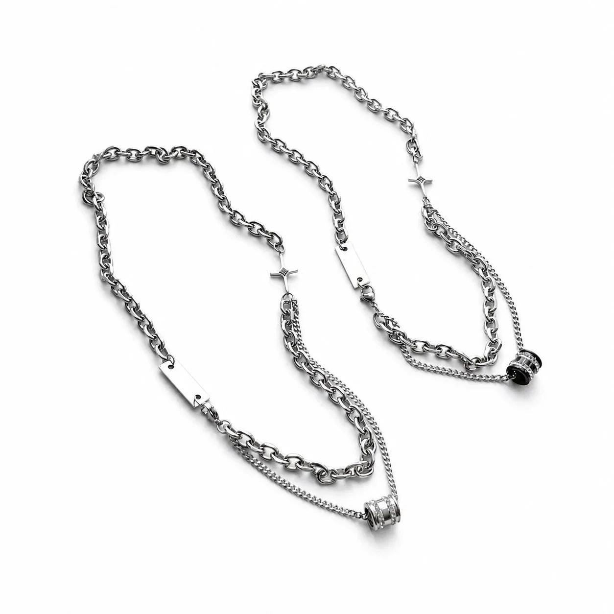 Collana a Catena Cubana in Acciaio Inossidabile a Strati con Ciondolo a Barile in CZ