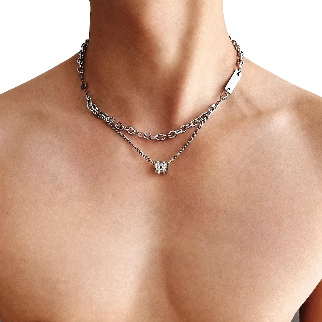 Layered Stainless Steel Cuban Chain Necklace with CZ Barrel