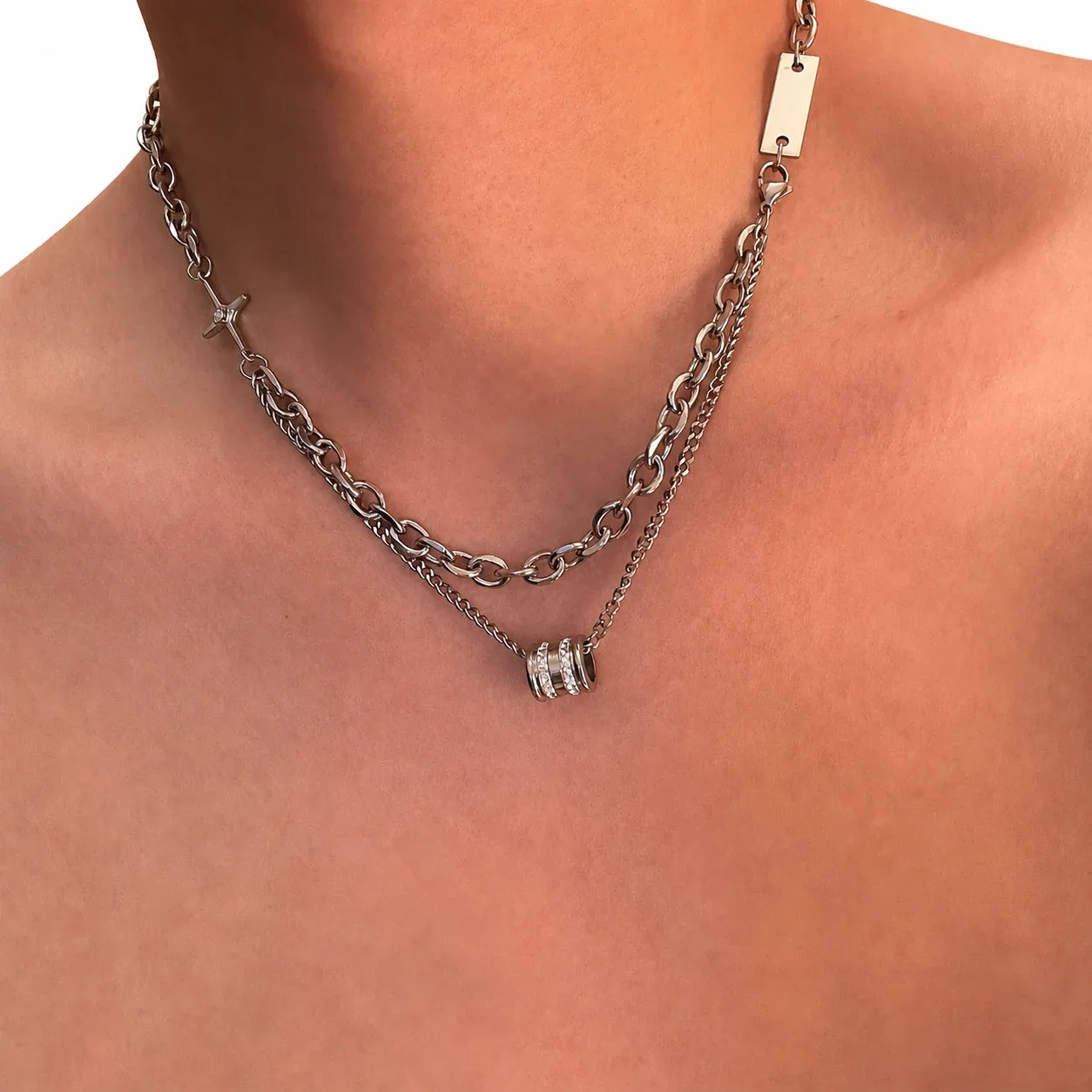 Layered Stainless Steel Cuban Chain Necklace with CZ Barrel