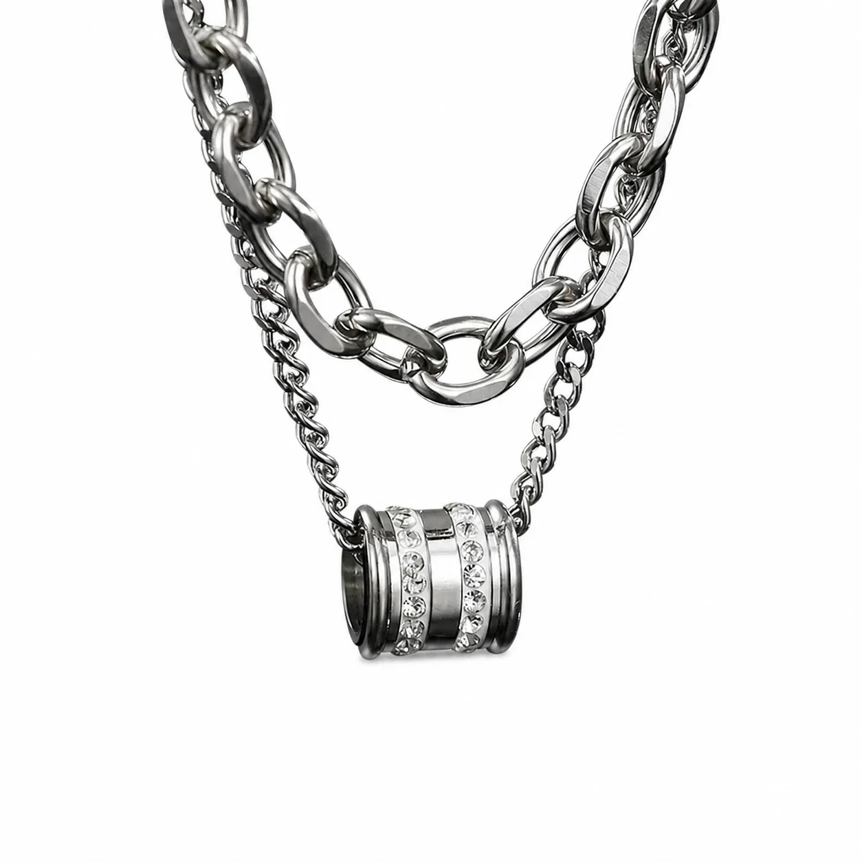 Layered Stainless Steel Cuban Chain Necklace with CZ Barrel