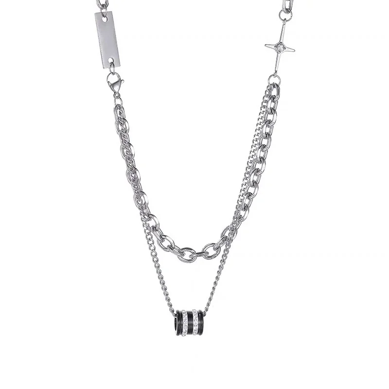 Layered Stainless Steel Cuban Chain Necklace with CZ Barrel