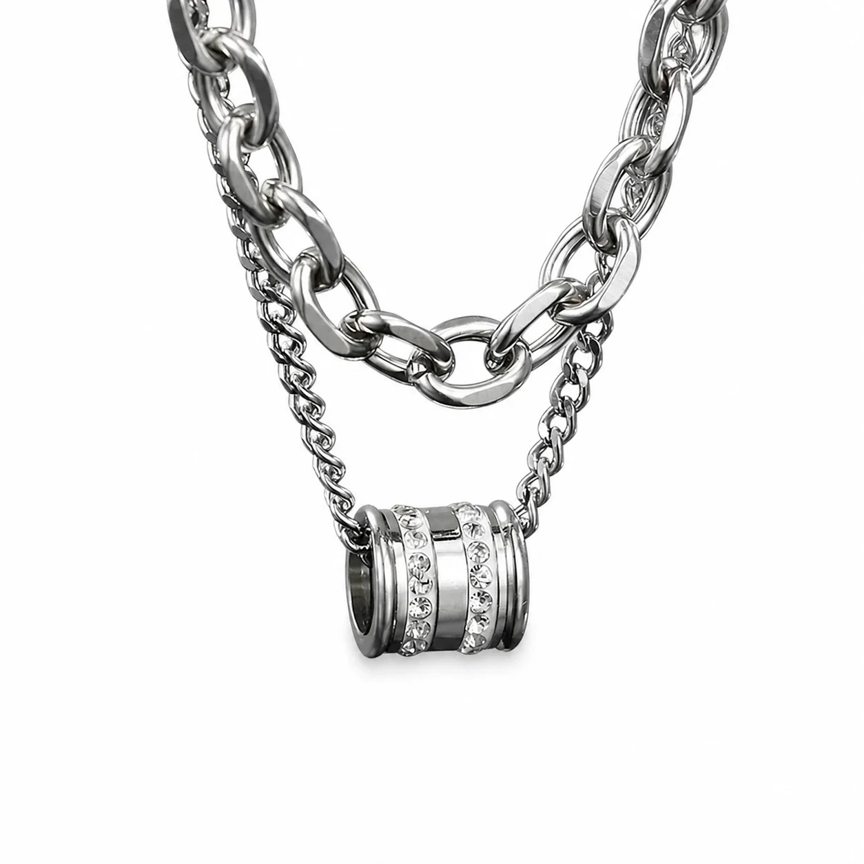 Layered Stainless Steel Cuban Chain Necklace with CZ Barrel - Silver