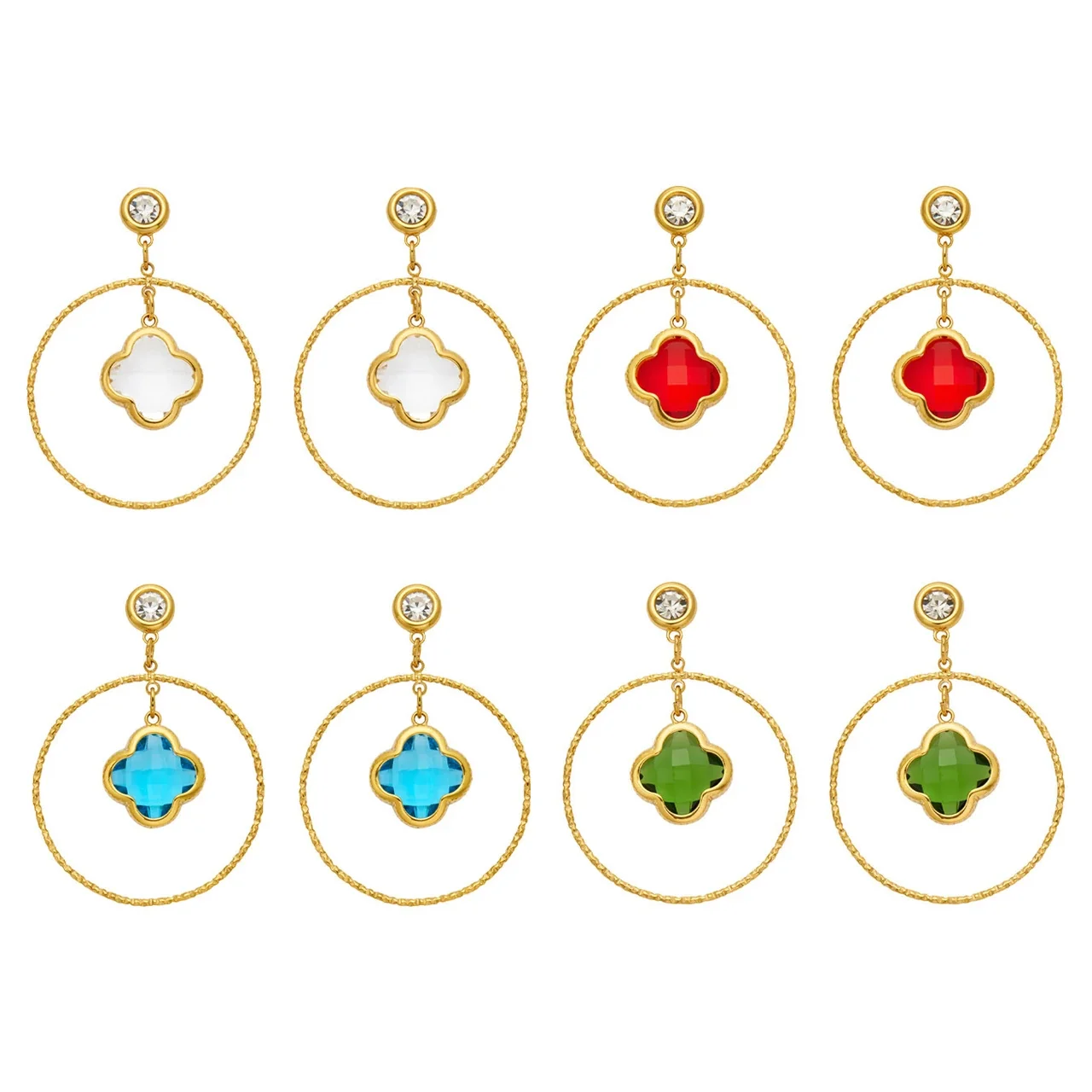 Brincos Pendentes, Argolas com Trevo em Vidro, Aço Inoxidável 316 com PVD Ouro 18K