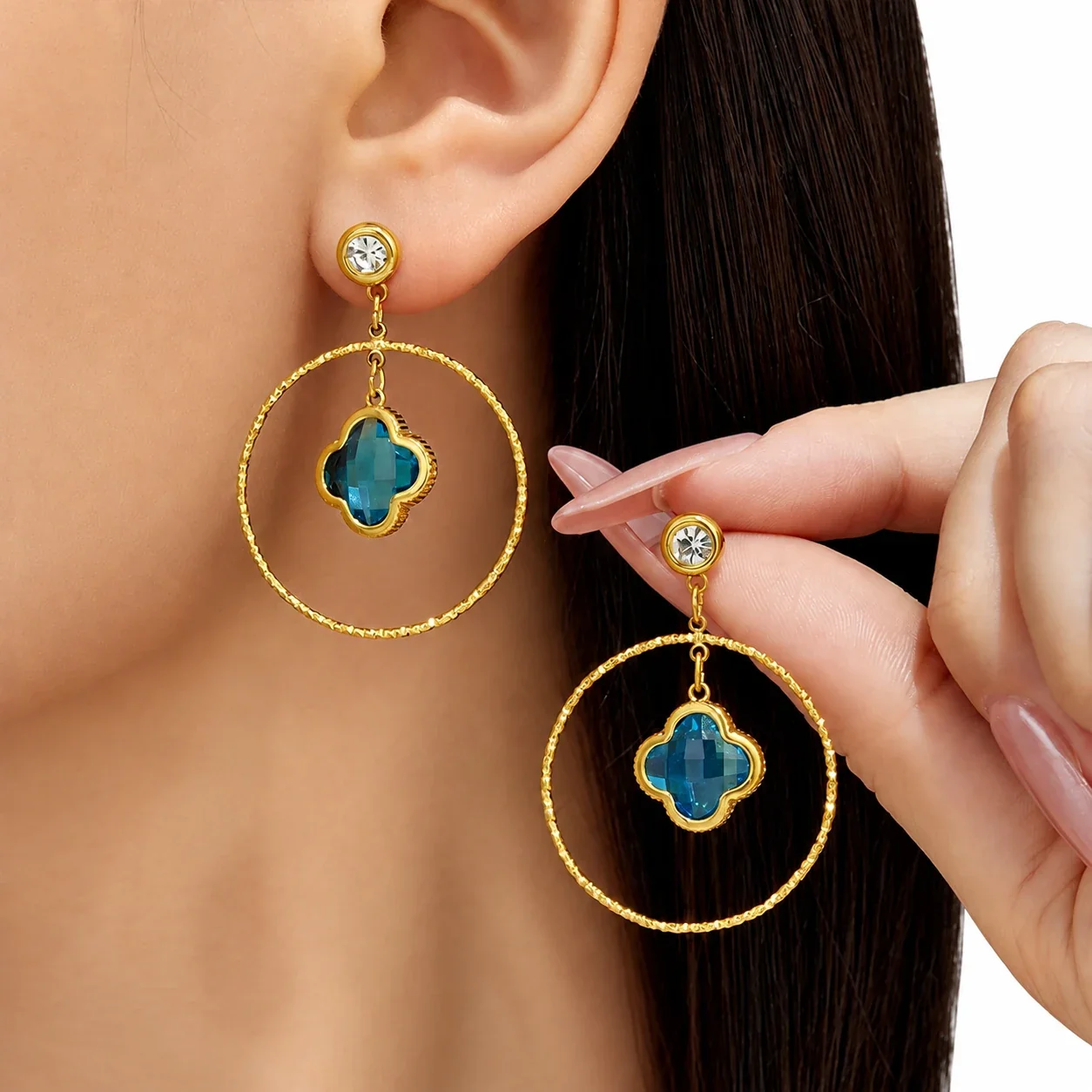 Drop Earrings, Clover Glass Hoops, 316 Stainless Steel 18K Gold PVD