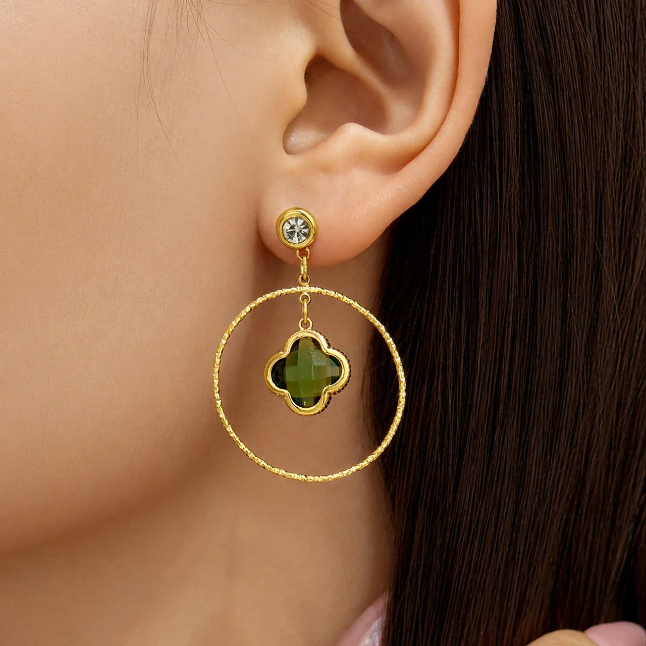 Drop Earrings, Clover Glass Hoops, 316 Stainless Steel 18K Gold PVD