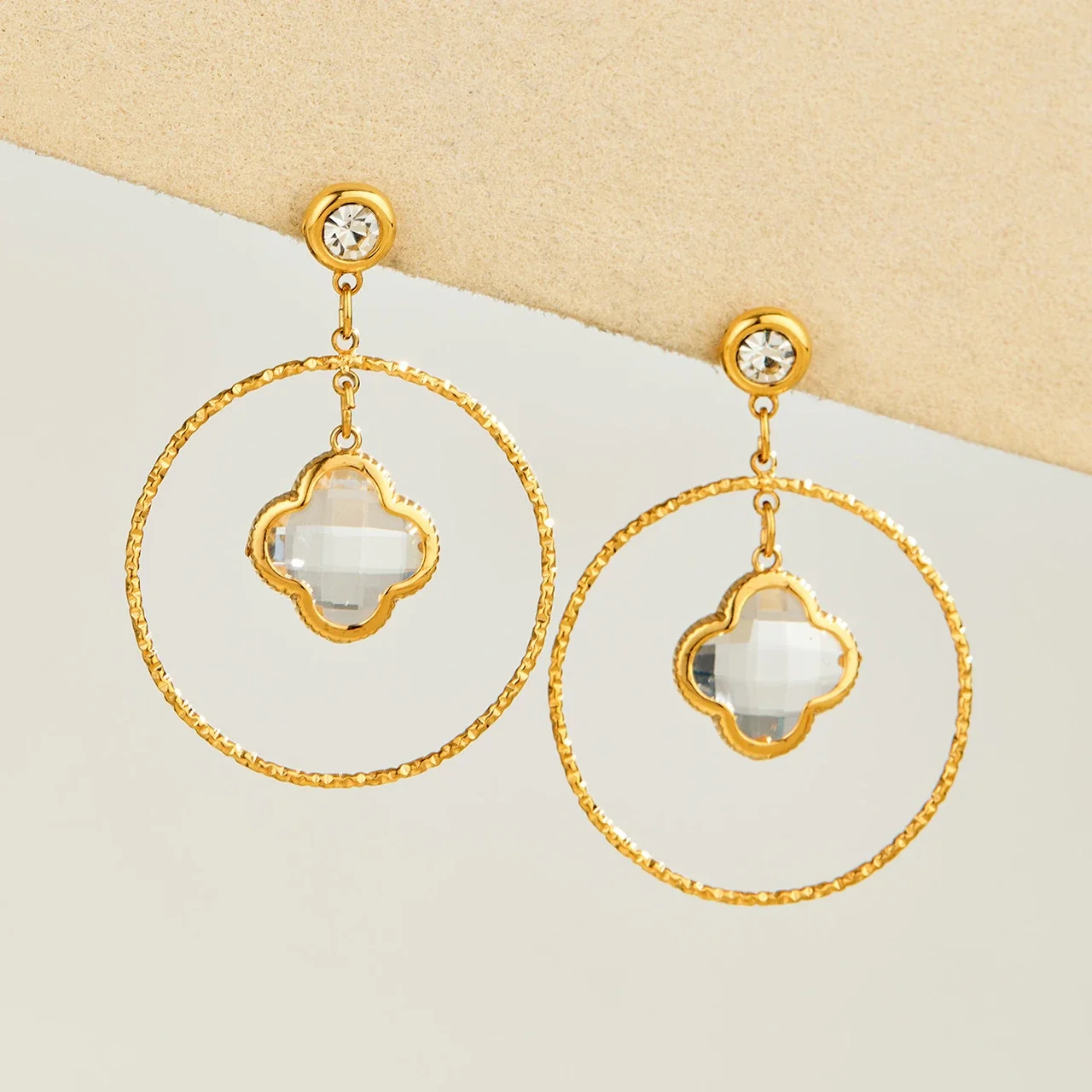 Drop Earrings, Clover Glass Hoops, 316 Stainless Steel 18K Gold PVD