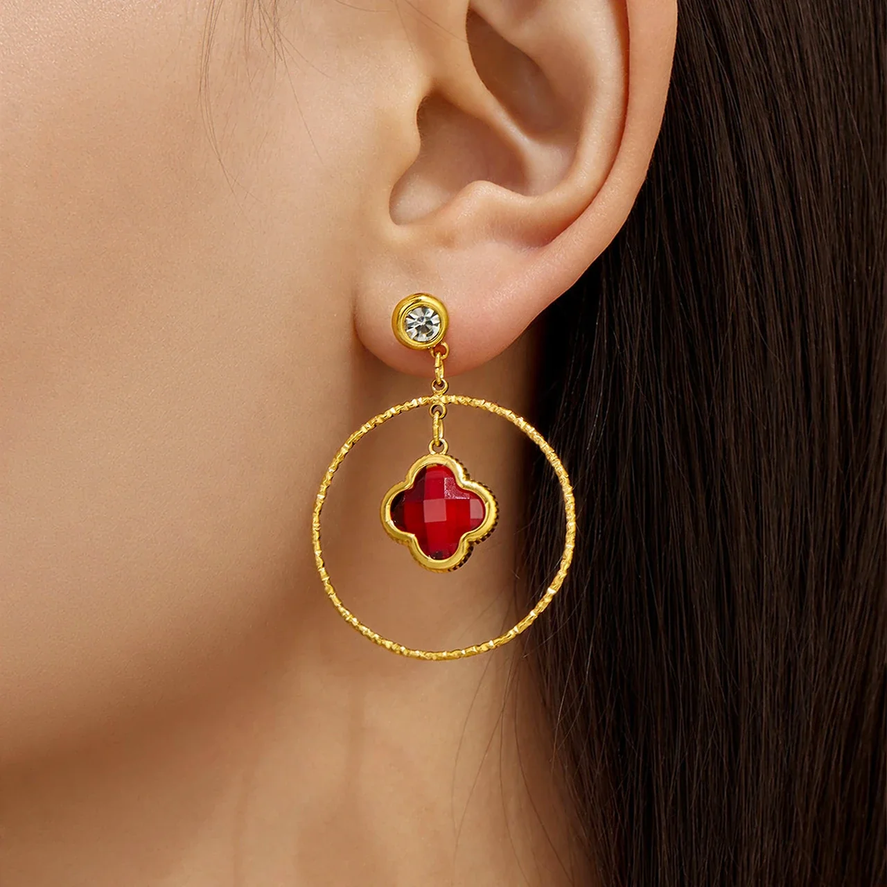 Drop Earrings, Clover Glass Hoops, 316 Stainless Steel 18K Gold PVD