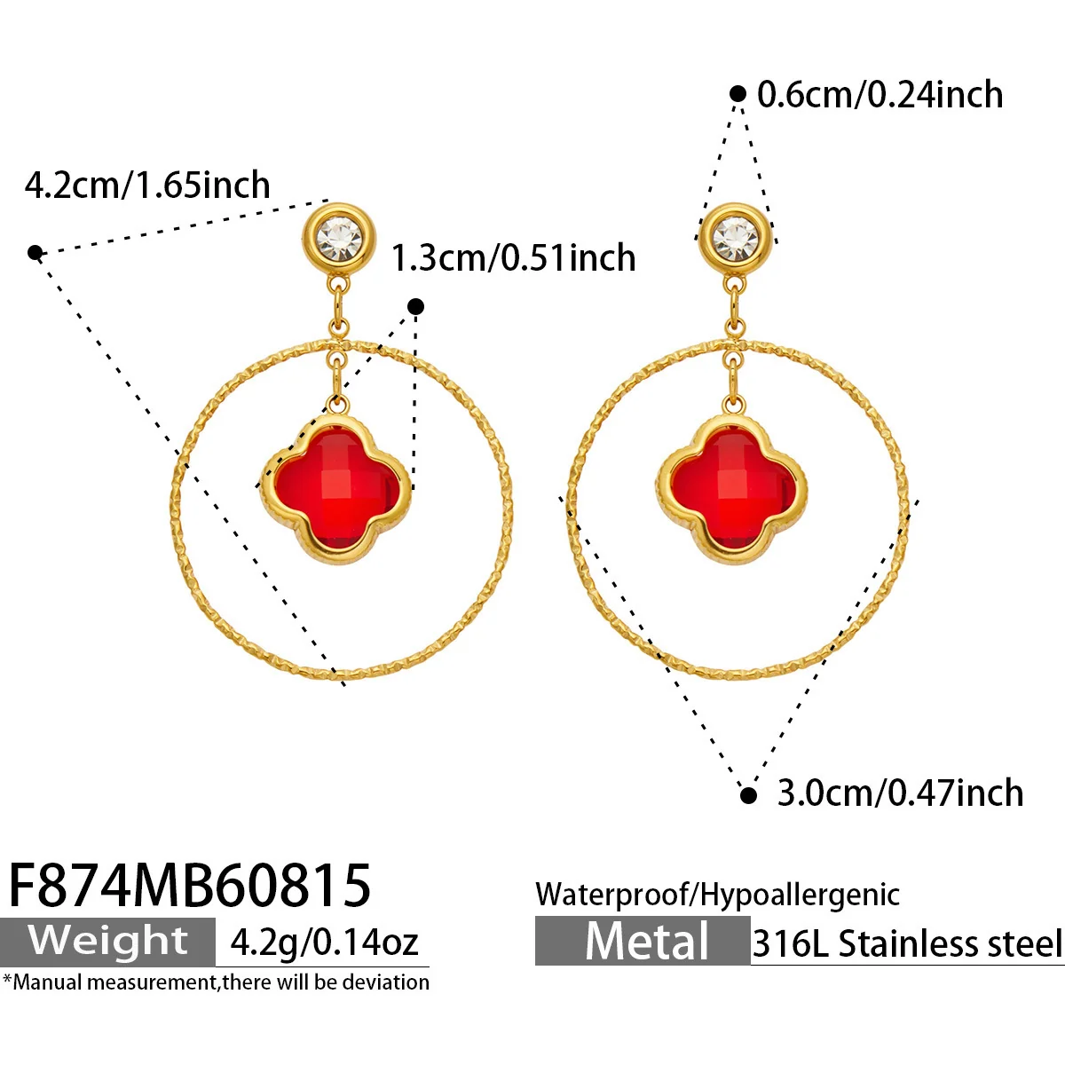 Drop Earrings, Clover Glass Hoops, 316 Stainless Steel 18K Gold PVD - Dimensions