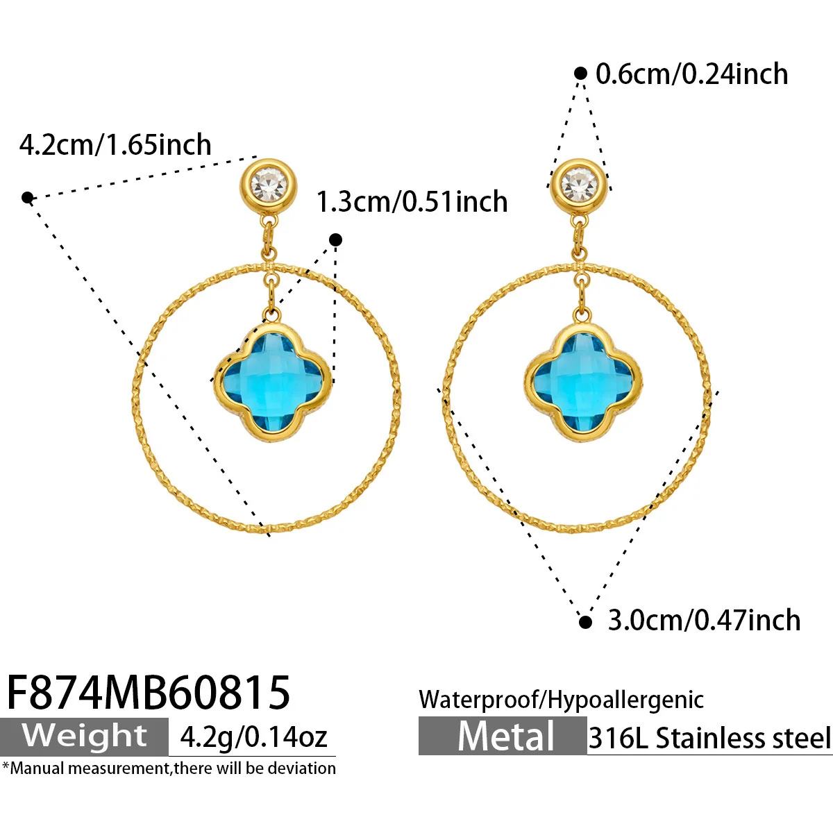 Drop Earrings, Clover Glass Hoops, 316 Stainless Steel 18K Gold PVD - Dimensions