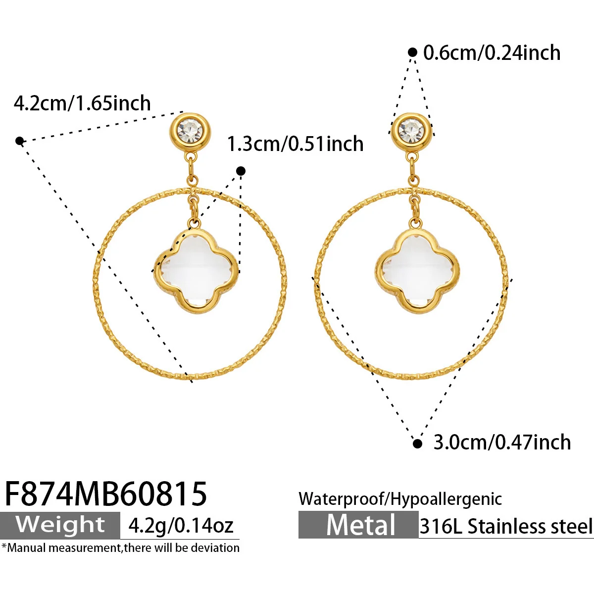 Drop Earrings, Clover Glass Hoops, 316 Stainless Steel 18K Gold PVD - Dimensions