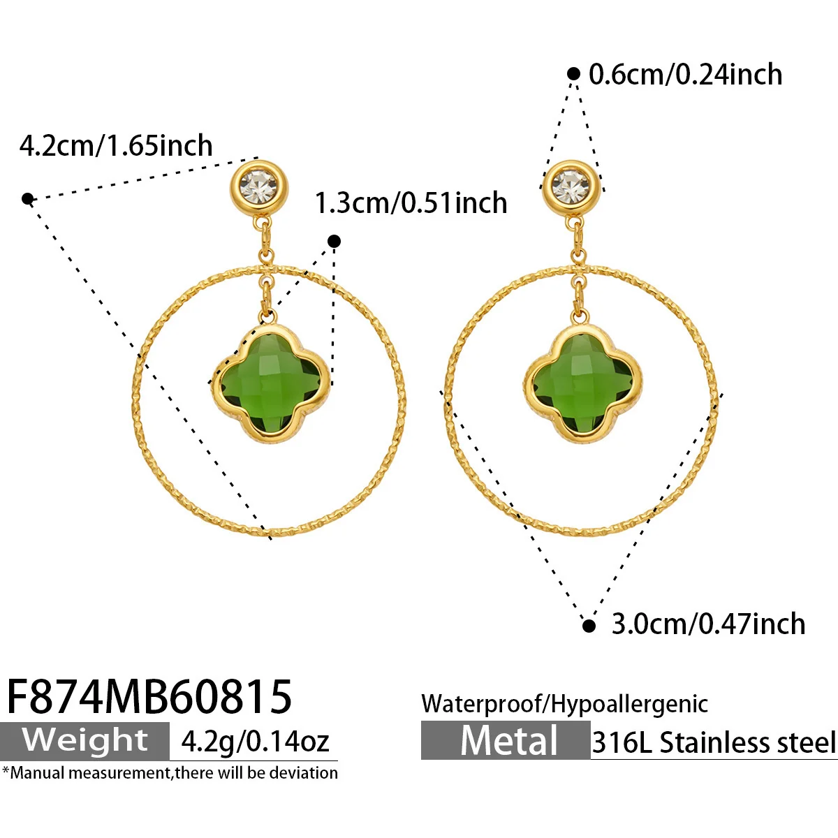 Drop Earrings, Clover Glass Hoops, 316 Stainless Steel 18K Gold PVD - Dimensions