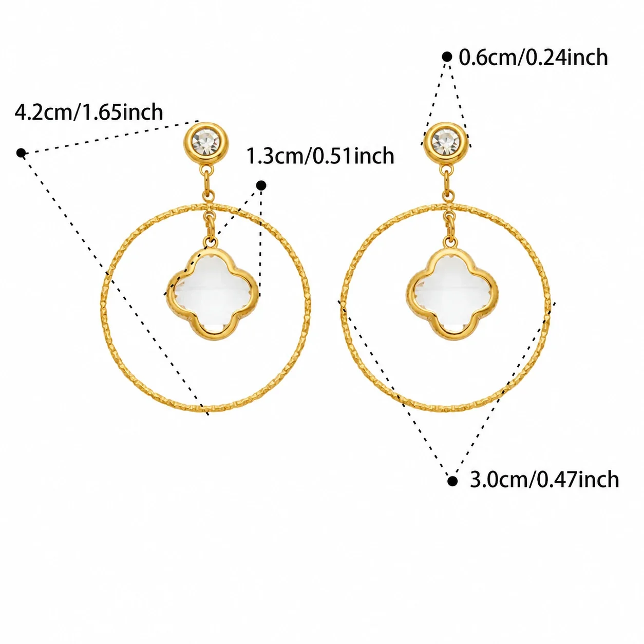 Drop Earrings, Clover Glass Hoops, 316 Stainless Steel 18K Gold PVD - Gold White Clover Glass