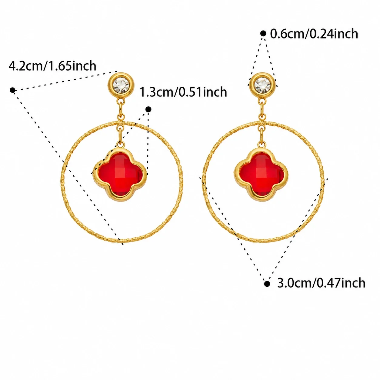 Drop Earrings, Clover Glass Hoops, 316 Stainless Steel 18K Gold PVD - Gold Red Clover Glass