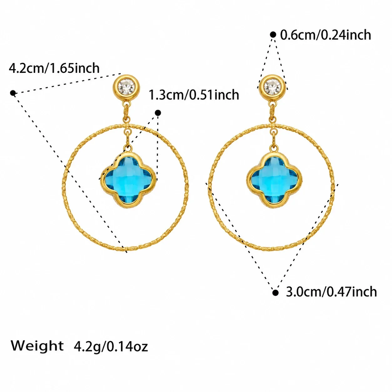Drop Earrings, Clover Glass Hoops, 316 Stainless Steel 18K Gold PVD - Gold Blue Clover Glass