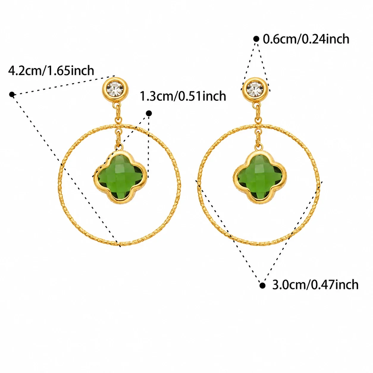 Drop Earrings, Clover Glass Hoops, 316 Stainless Steel 18K Gold PVD - Gold Green Clover Glass