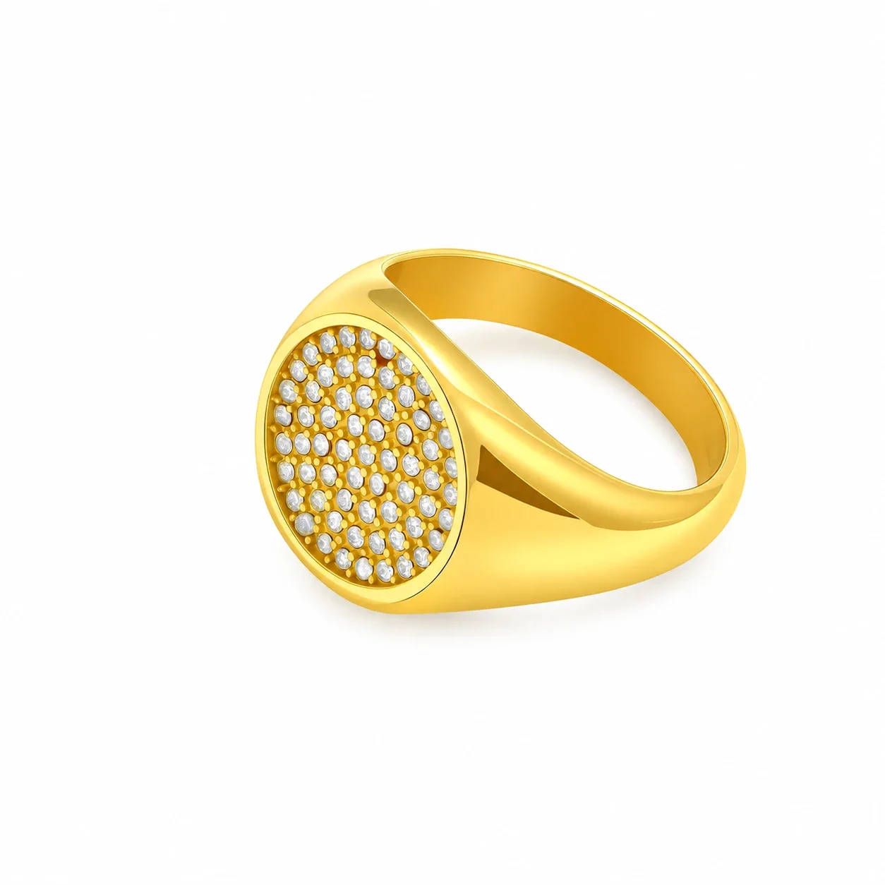 Signet Ring with Oval Pave CZ Face, Stainless Steel - Gold
