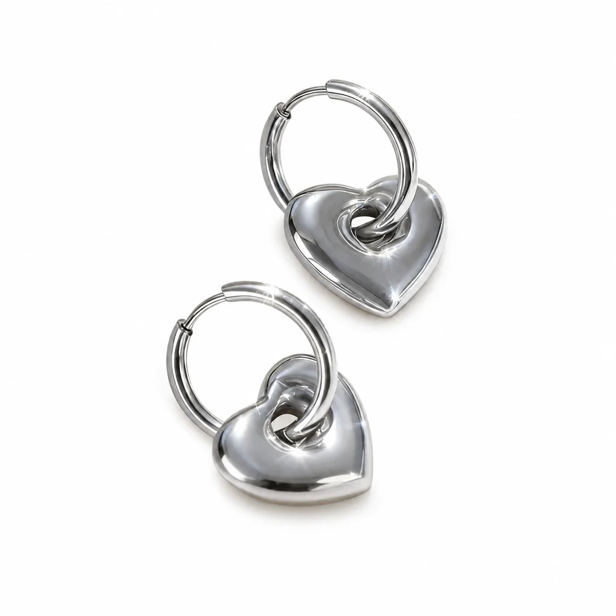 Polished 316 Stainless Steel Heart Hoop Earrings - Silver