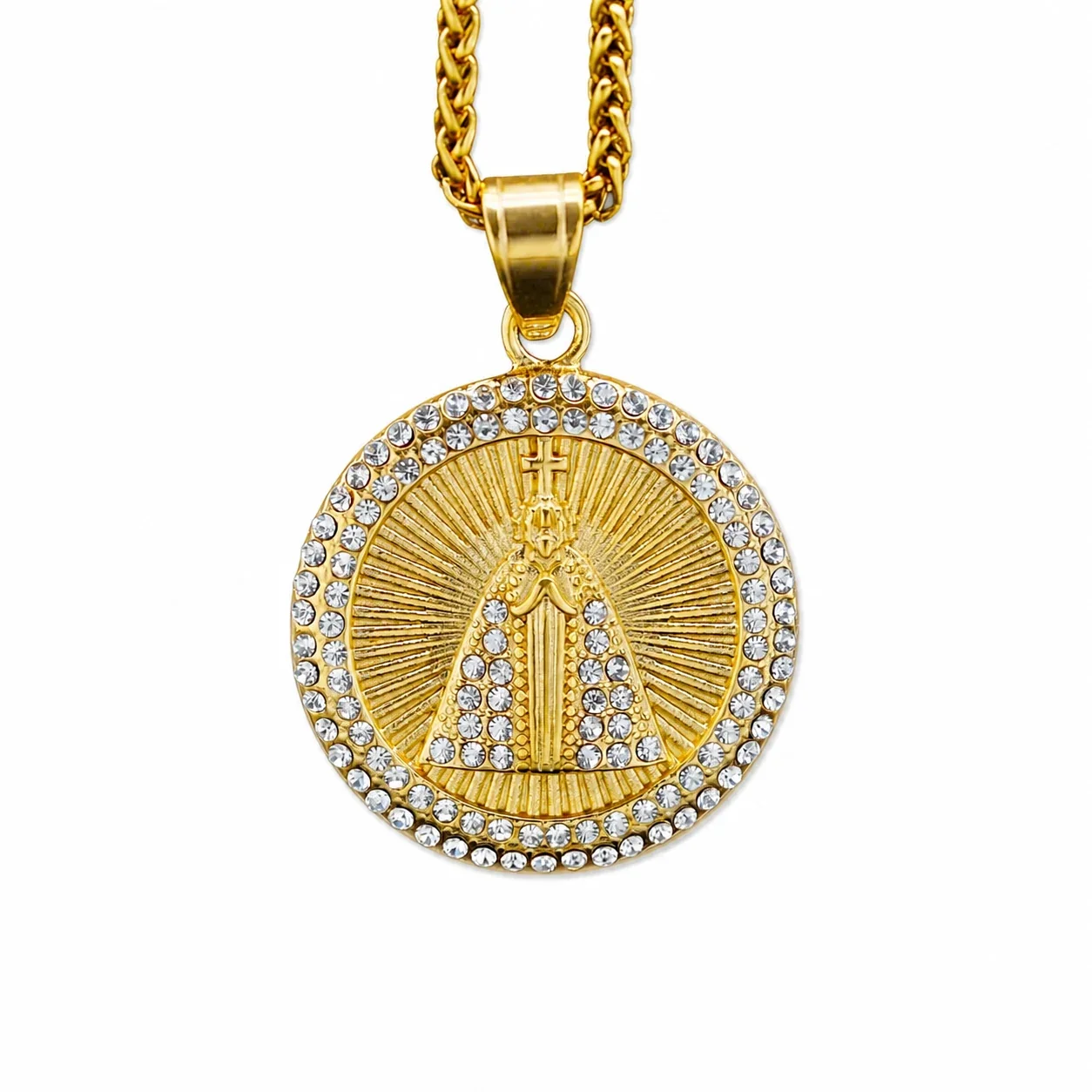 Devotional Gold-Plated Stainless Steel Crystal-Rim Mary Pendant