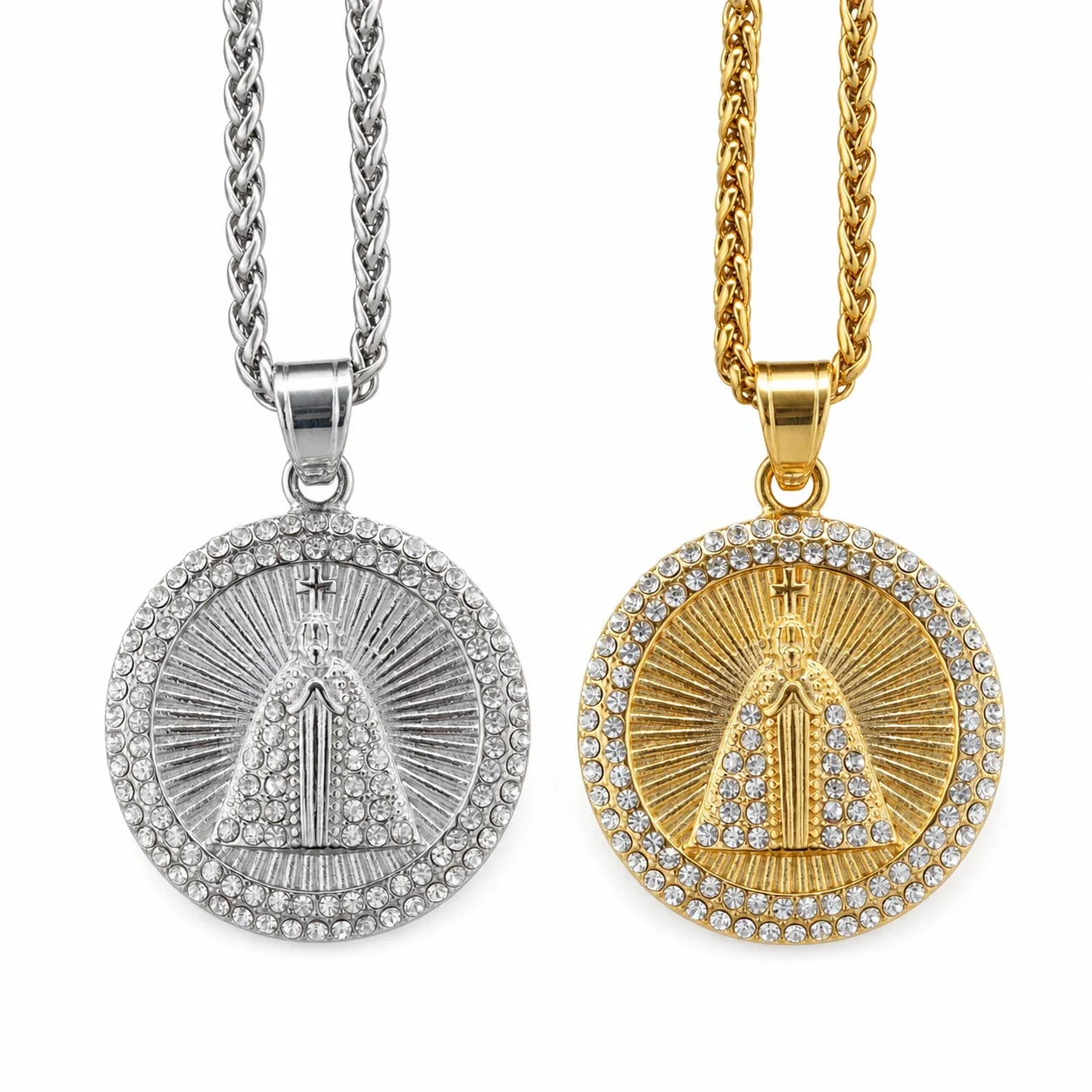 Devotional Gold-Plated Stainless Steel Crystal-Rim Mary Pendant