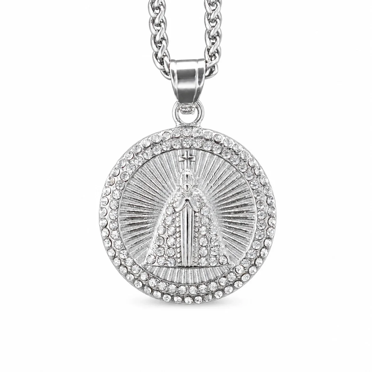 Devotional Gold-Plated Stainless Steel Crystal-Rim Mary Pendant