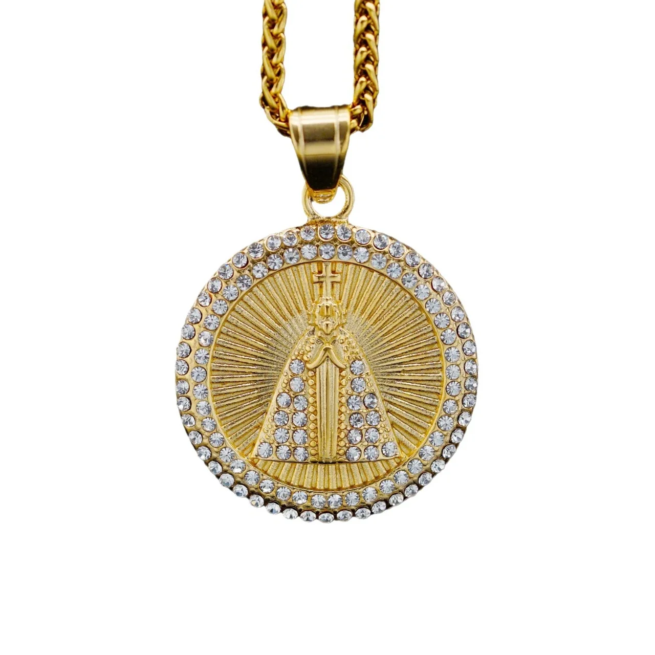 Devotional Gold-Plated Stainless Steel Crystal-Rim Mary Pendant