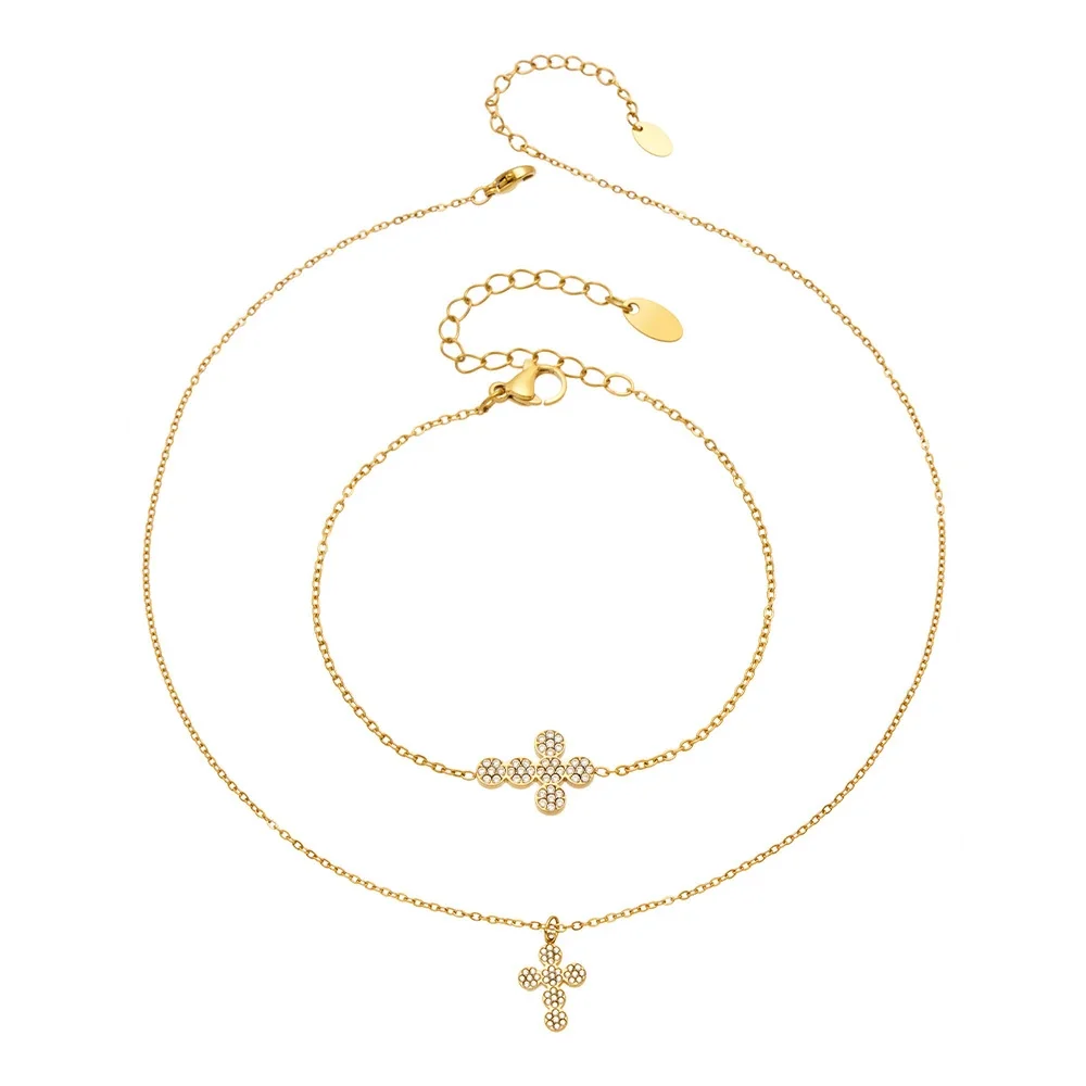 Delicate 18K Gold PVD 316L Pavé Cross Chain Jewelry Set