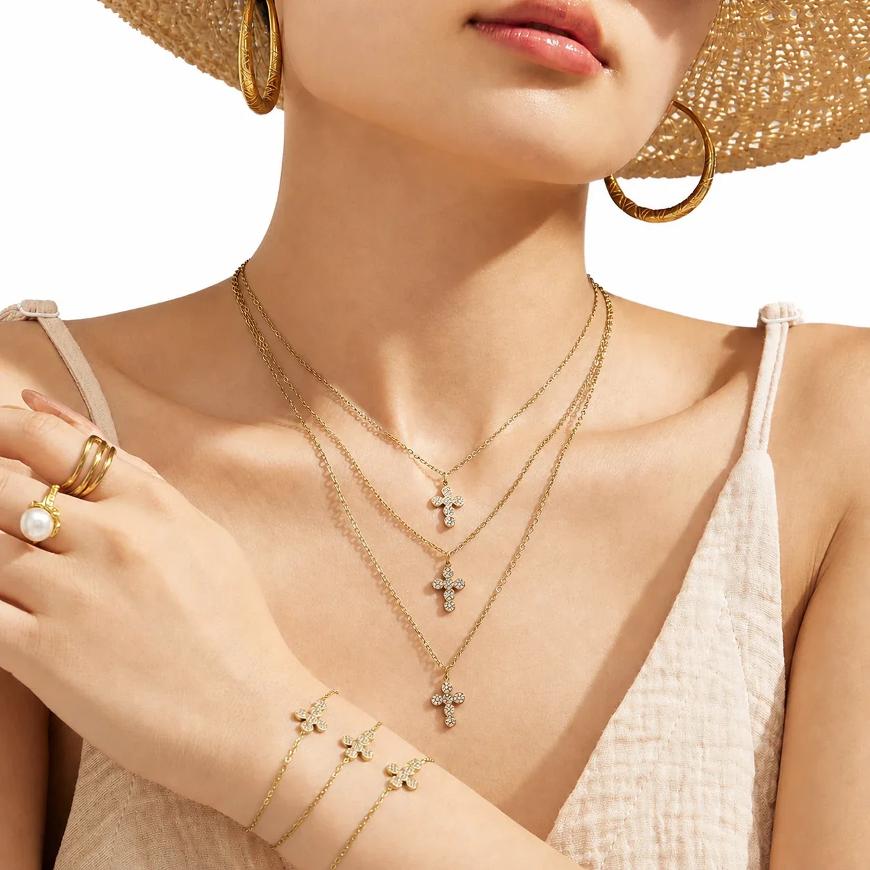 Delicate 18K Gold PVD 316L Pavé Cross Chain Jewelry Set