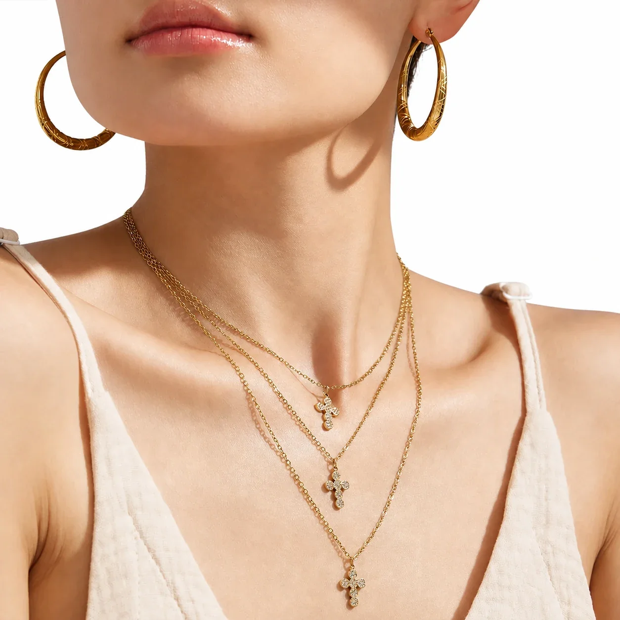 Delicate 18K Gold PVD 316L Pavé Cross Chain Jewelry Set